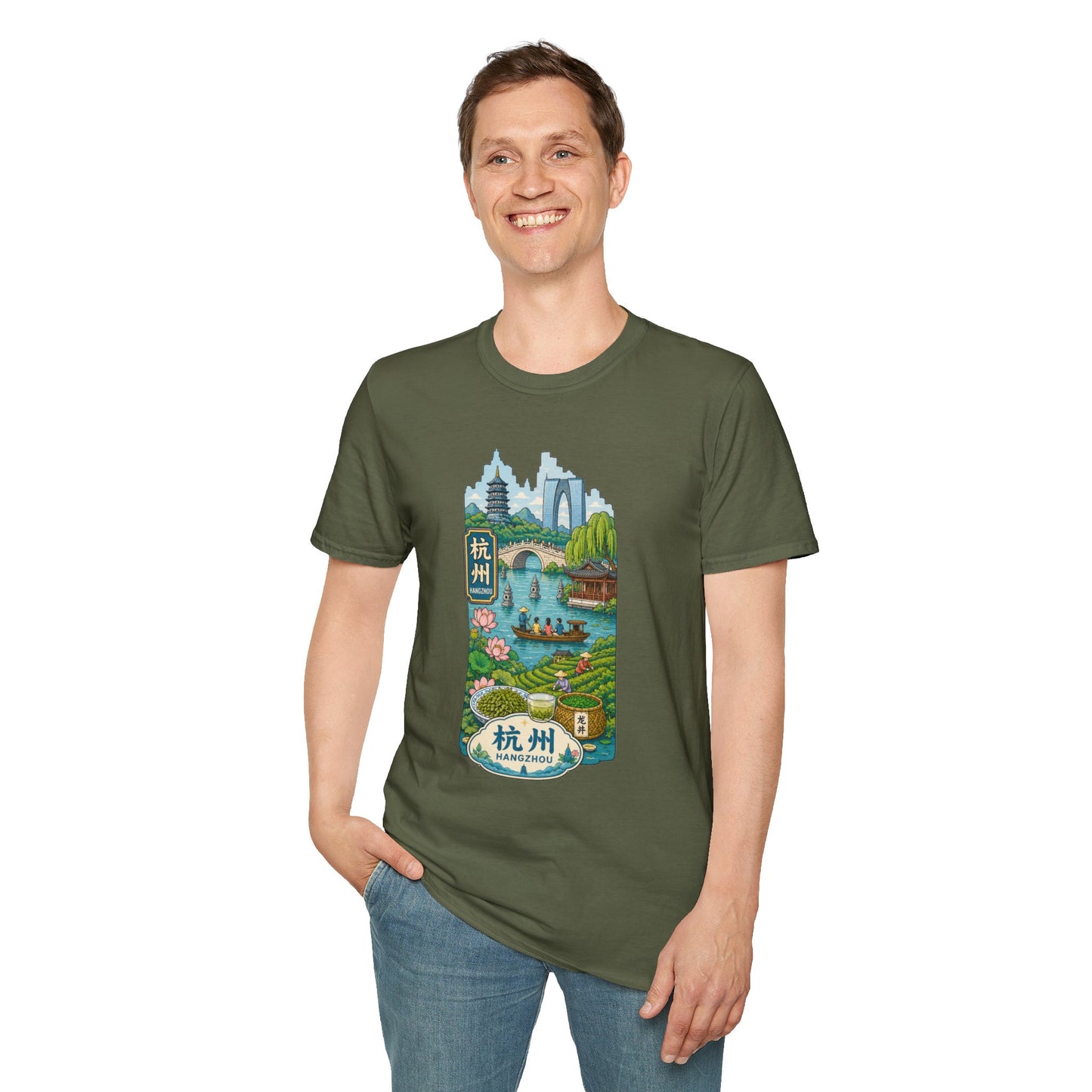 Hangzhou Scenic T-Shirt — West Lake Pagoda & Bridge Illustration