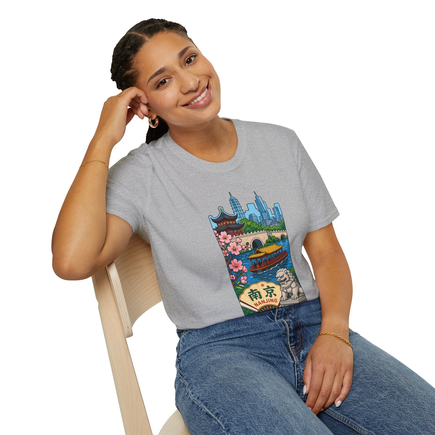 Nanjing Cityscape T-Shirt — Cherry Blossoms, Pagoda & Skyline Travel Shirt
