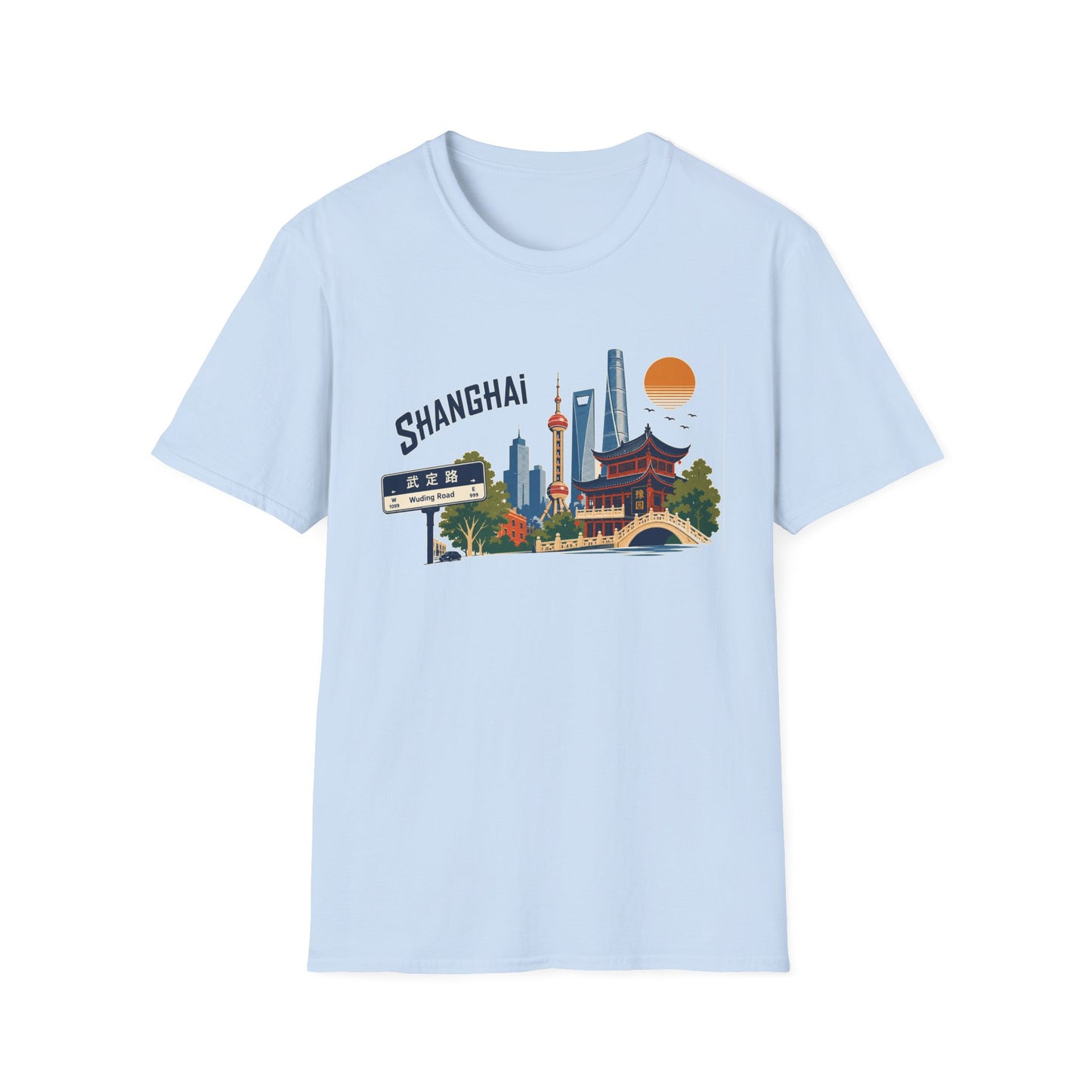 Shanghai Skyline T-Shirt — Vintage Cityscape Tee with Oriental Temple & Pudong Landmarks