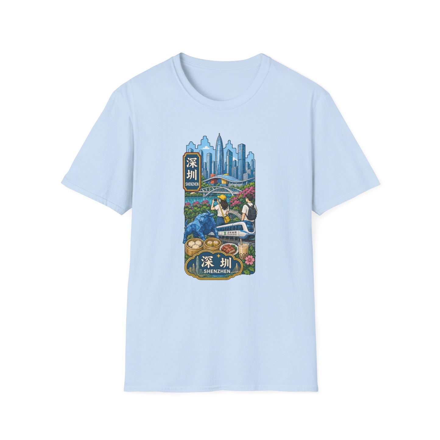 Shenzhen Skyline T-Shirt — Retro Travel City Scene with Chinese Characters