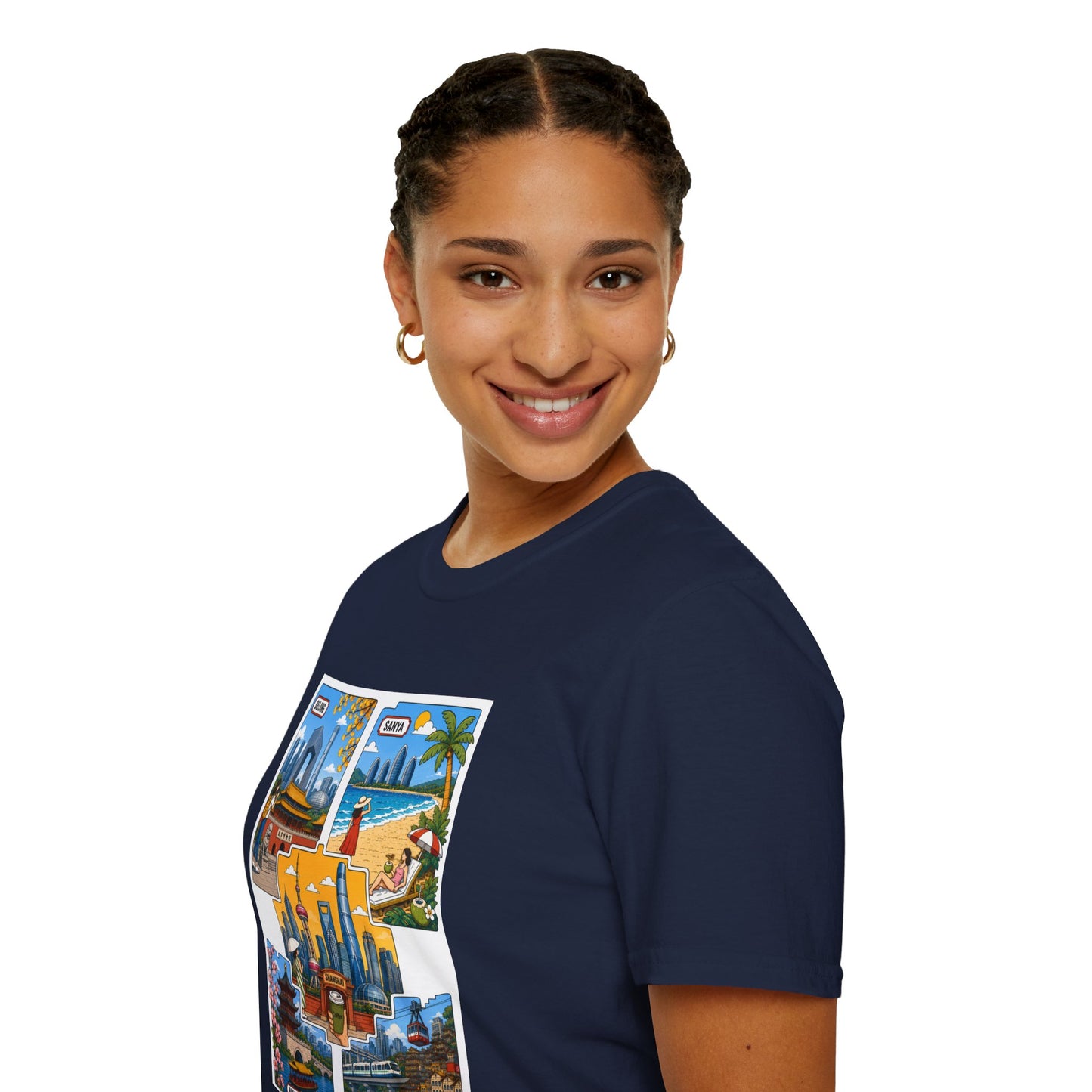 Cityscape Postcard T-Shirt — Retro Travel Collage (Beijing, Santa, Coastal Scenes)