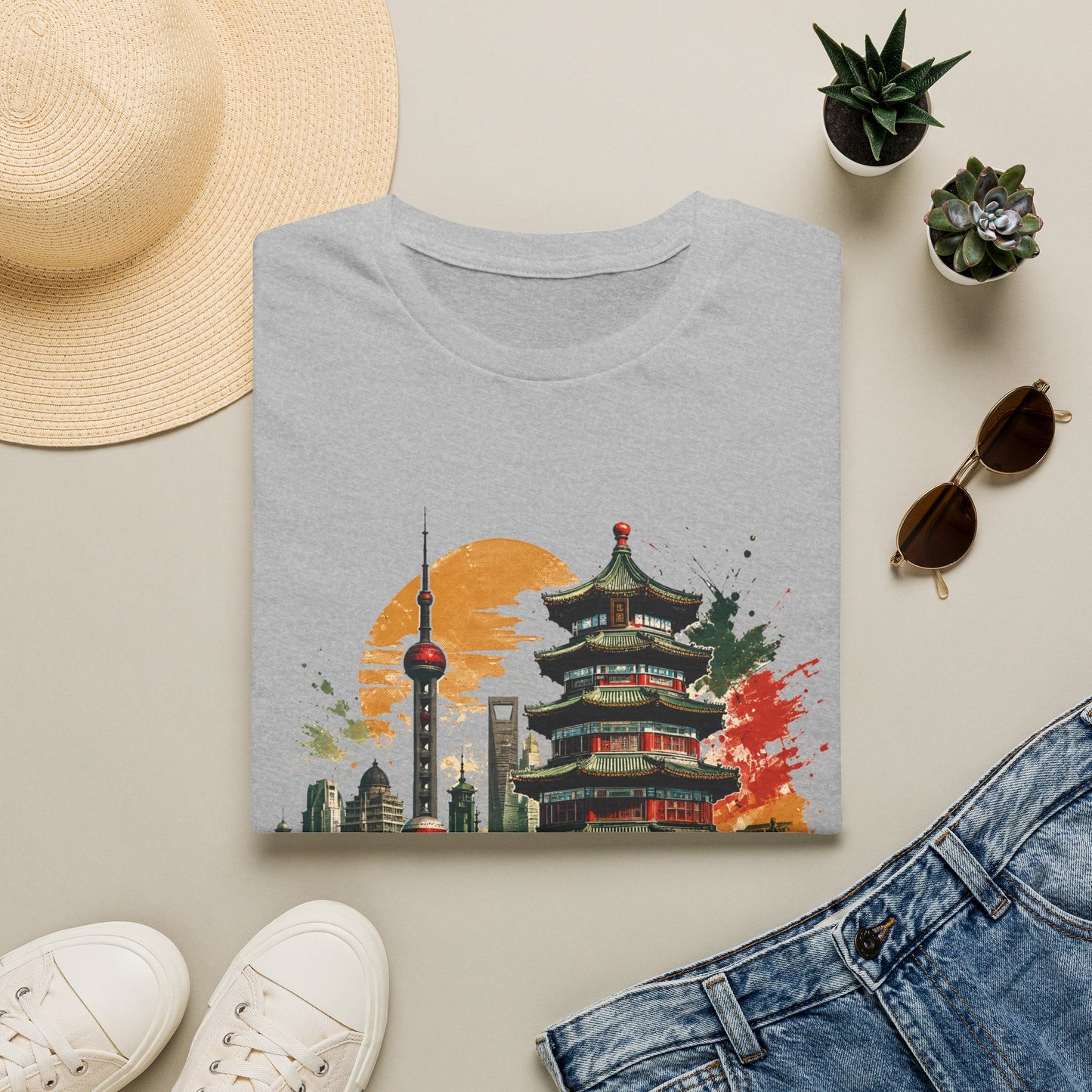 Shanghai Skyline T-Shirt — Watercolor Pagoda & Oriental Sunset Graphic