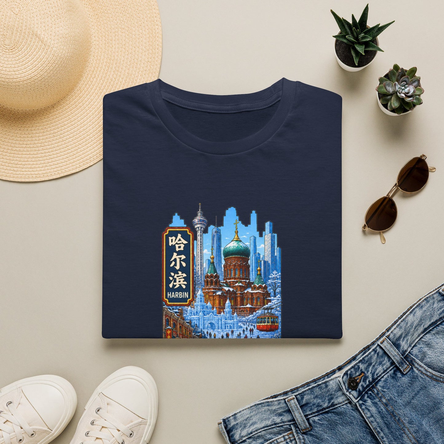 Harbin Cityscape T-Shirt — Snowy Cathedral & Skyline Travel Tee