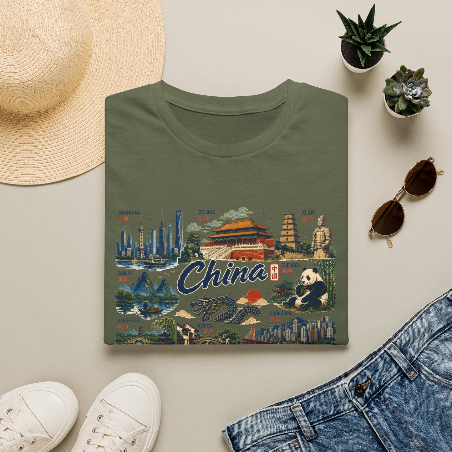 China Landmarks T-Shirt — Panda, Great Wall & Skyline Travel Tee