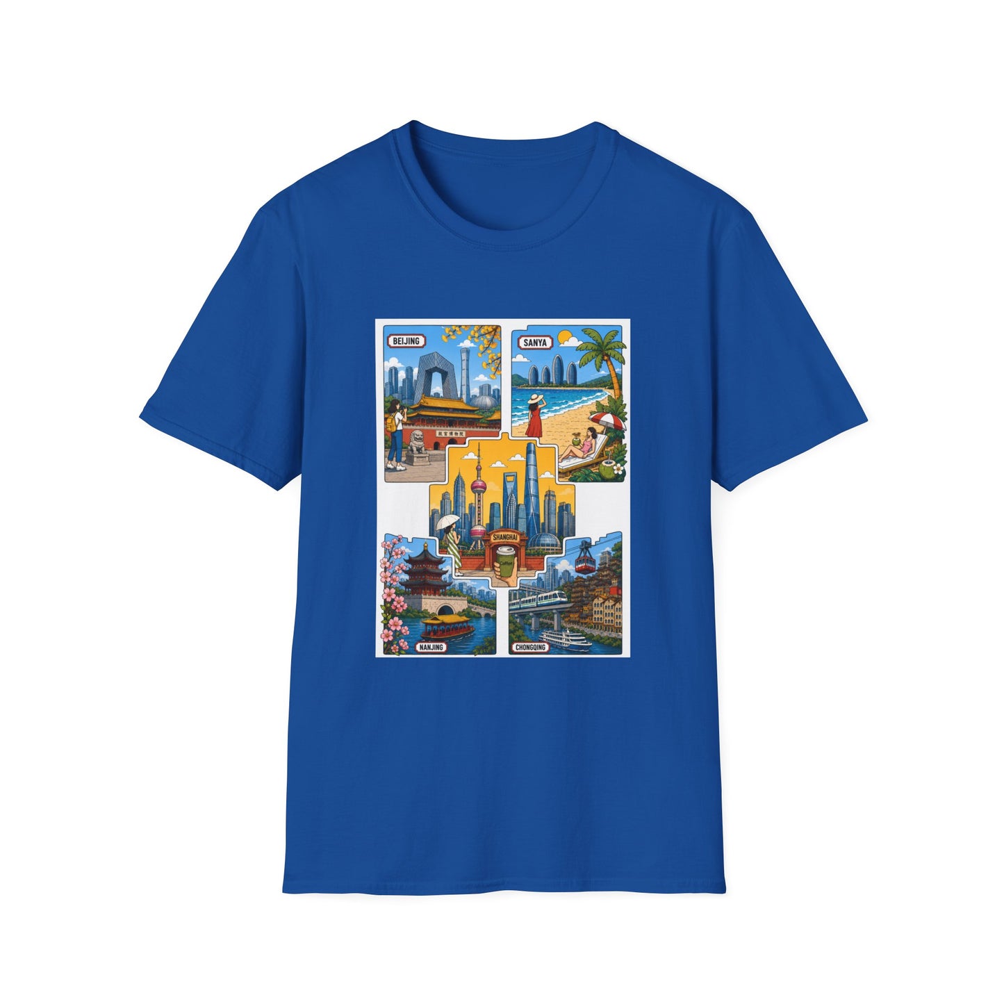 Cityscape Postcard T-Shirt — Retro Travel Collage (Beijing, Santa, Coastal Scenes)