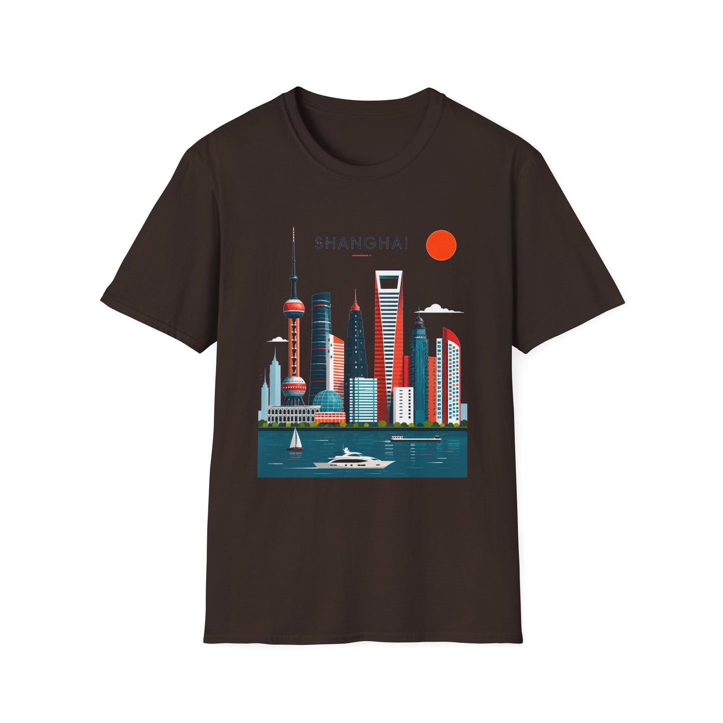 Shanghai Skyline T‑Shirt — Retro Red Sun Cityscape Tee