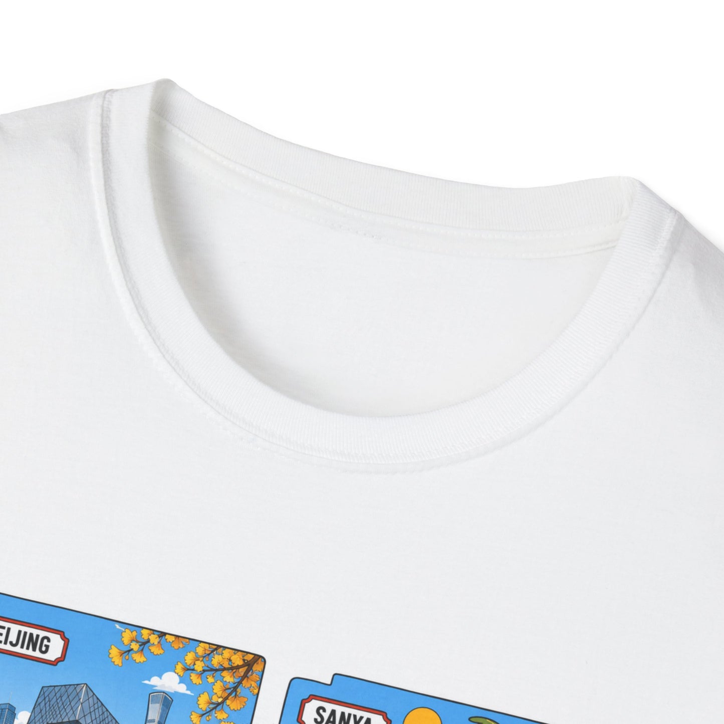Cityscape Postcard T-Shirt — Retro Travel Collage (Beijing, Santa, Coastal Scenes)