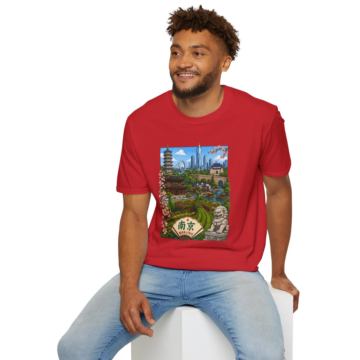 Nanjing Skyline T-Shirt — Scenic Cityscape with Pagoda & Cherry Blossoms