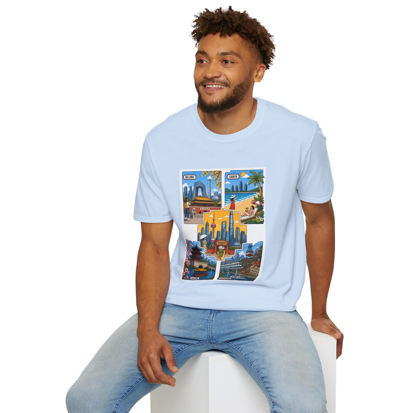 Cityscape Postcard T-Shirt — Retro Travel Collage (Beijing, Santa, Coastal Scenes)
