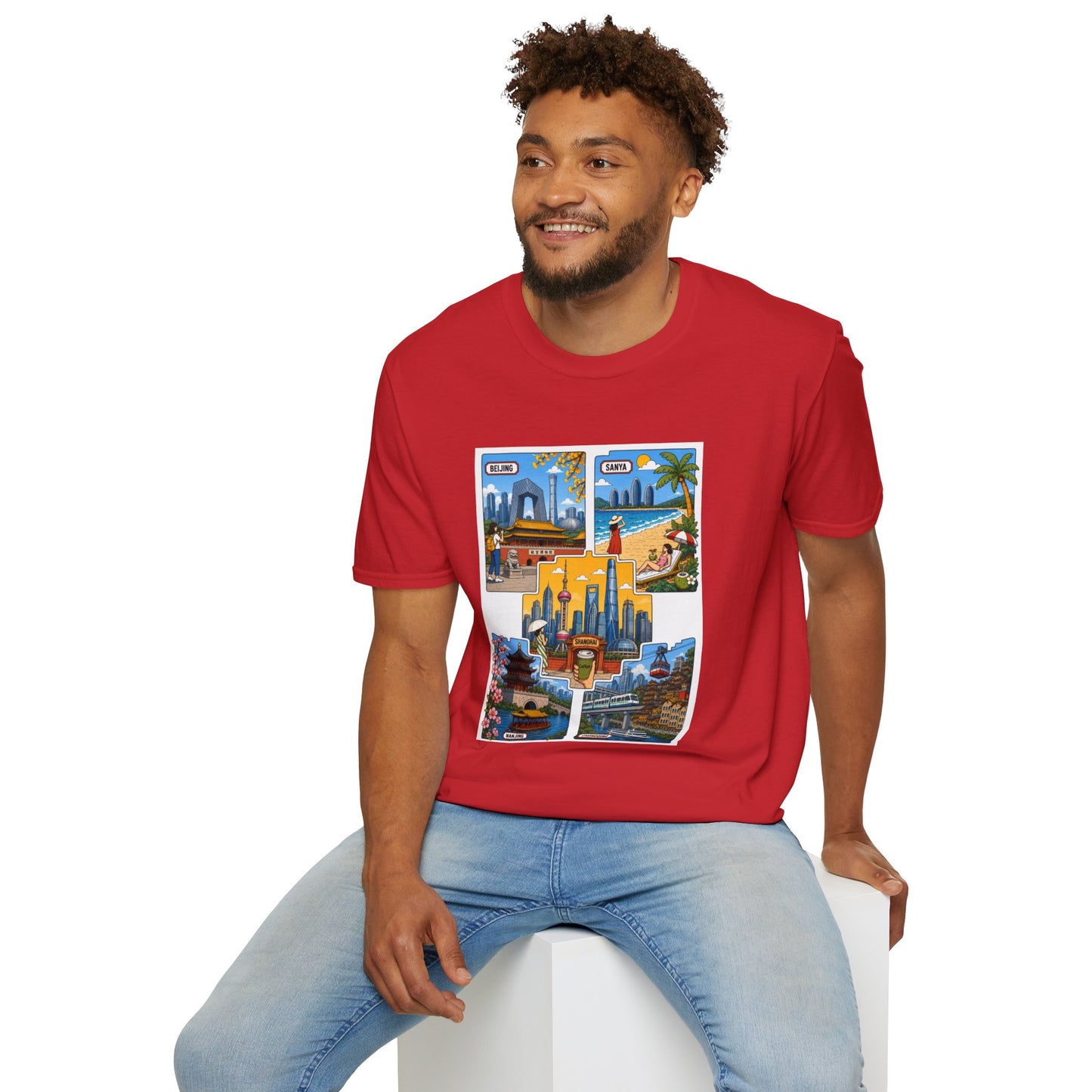Cityscape Postcard T-Shirt — Retro Travel Collage (Beijing, Santa, Coastal Scenes)