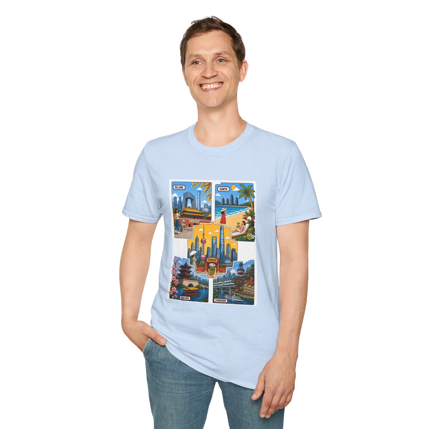 Cityscape Postcard T-Shirt — Retro Travel Collage (Beijing, Santa, Coastal Scenes)