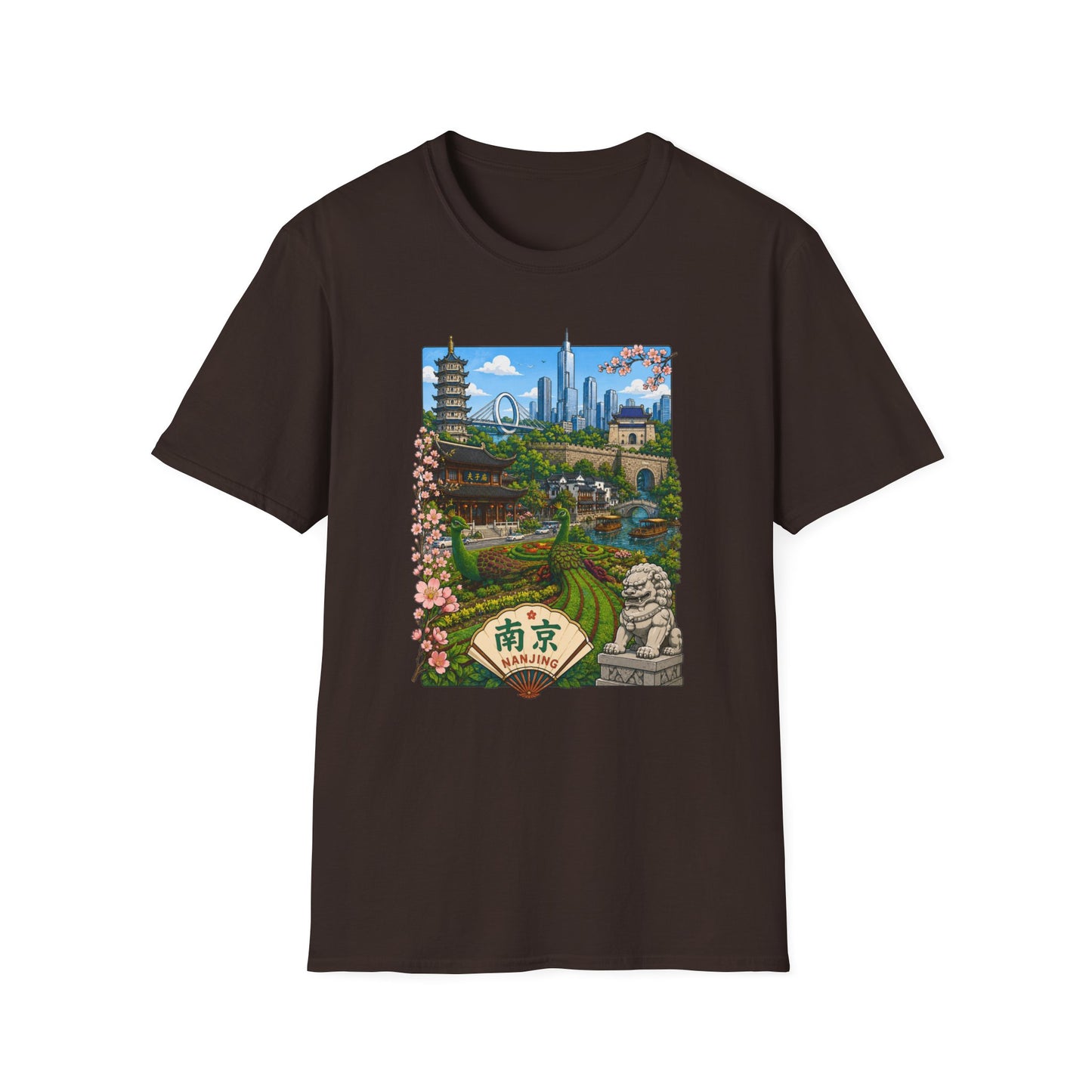 Nanjing Skyline T-Shirt — Scenic Cityscape with Pagoda & Cherry Blossoms