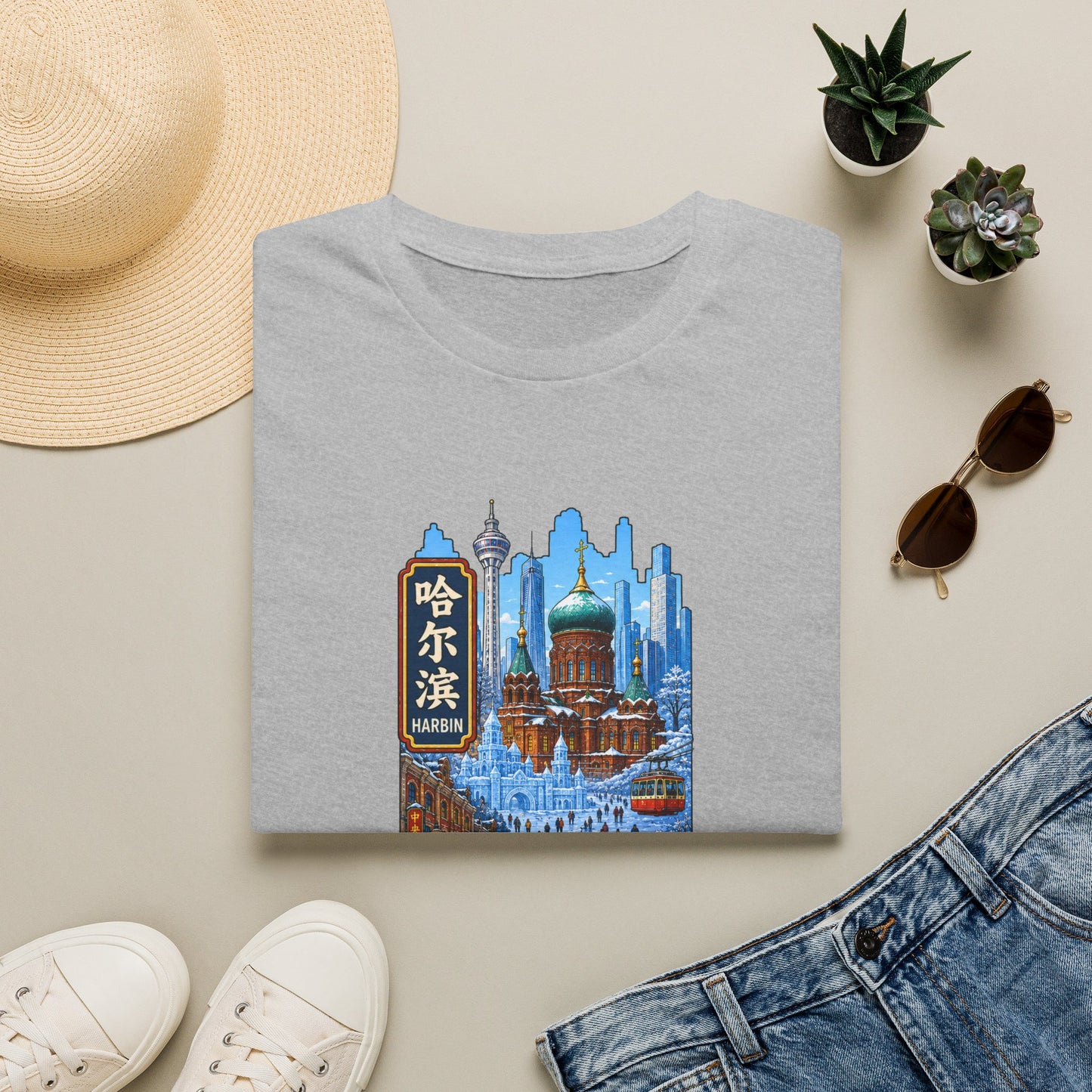 Harbin Cityscape T-Shirt — Snowy Cathedral & Skyline Travel Tee