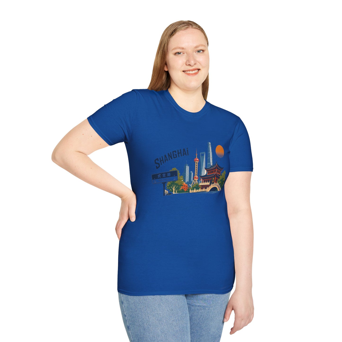 Shanghai Skyline T-Shirt — Retro Cityscape Tee with Oriental Pagoda & Street Sign