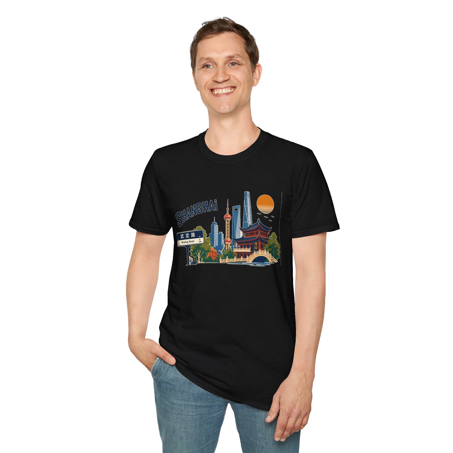 Shanghai Skyline T-Shirt — Vintage Cityscape Tee with Oriental Temple & Pudong Landmarks
