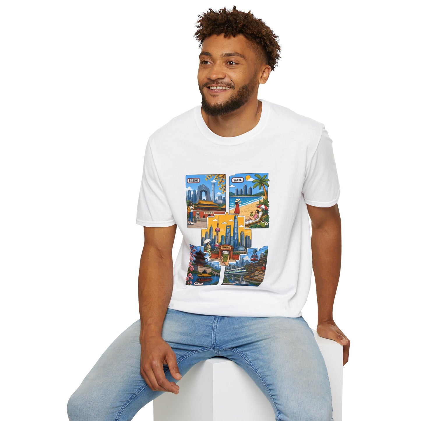 Cityscape Postcard T-Shirt — Retro Travel Collage (Beijing, Santa, Coastal Scenes)