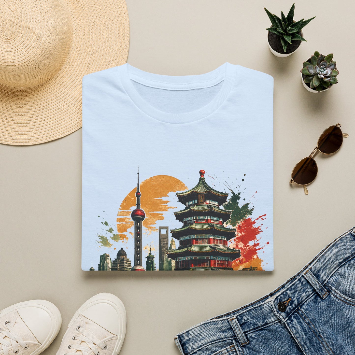 Shanghai Skyline T-Shirt — Watercolor Pagoda & Oriental Sunset Graphic