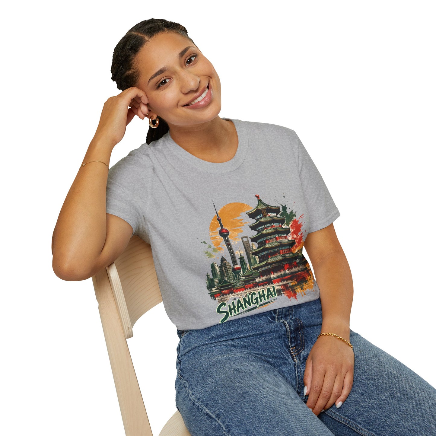 Shanghai Skyline T-Shirt — Watercolor Pagoda & Oriental Sunset Graphic