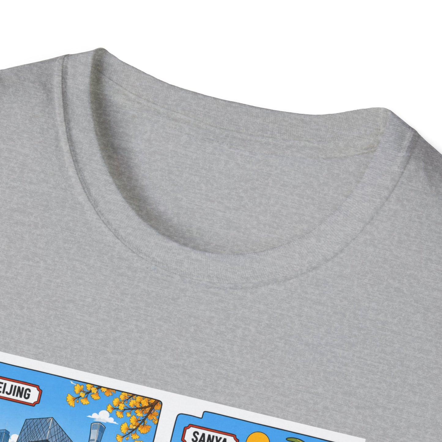 Cityscape Postcard T-Shirt — Retro Travel Collage (Beijing, Santa, Coastal Scenes)