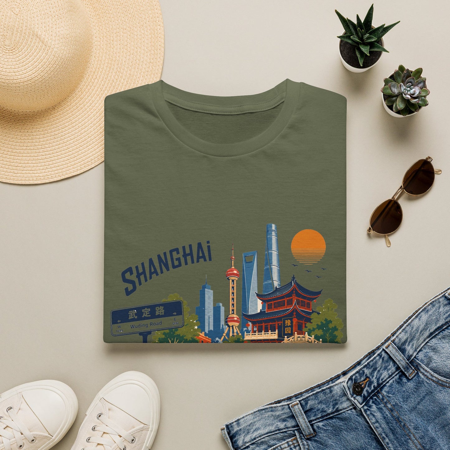 Shanghai Skyline T-Shirt — Retro Cityscape Tee with Oriental Pagoda & Street Sign