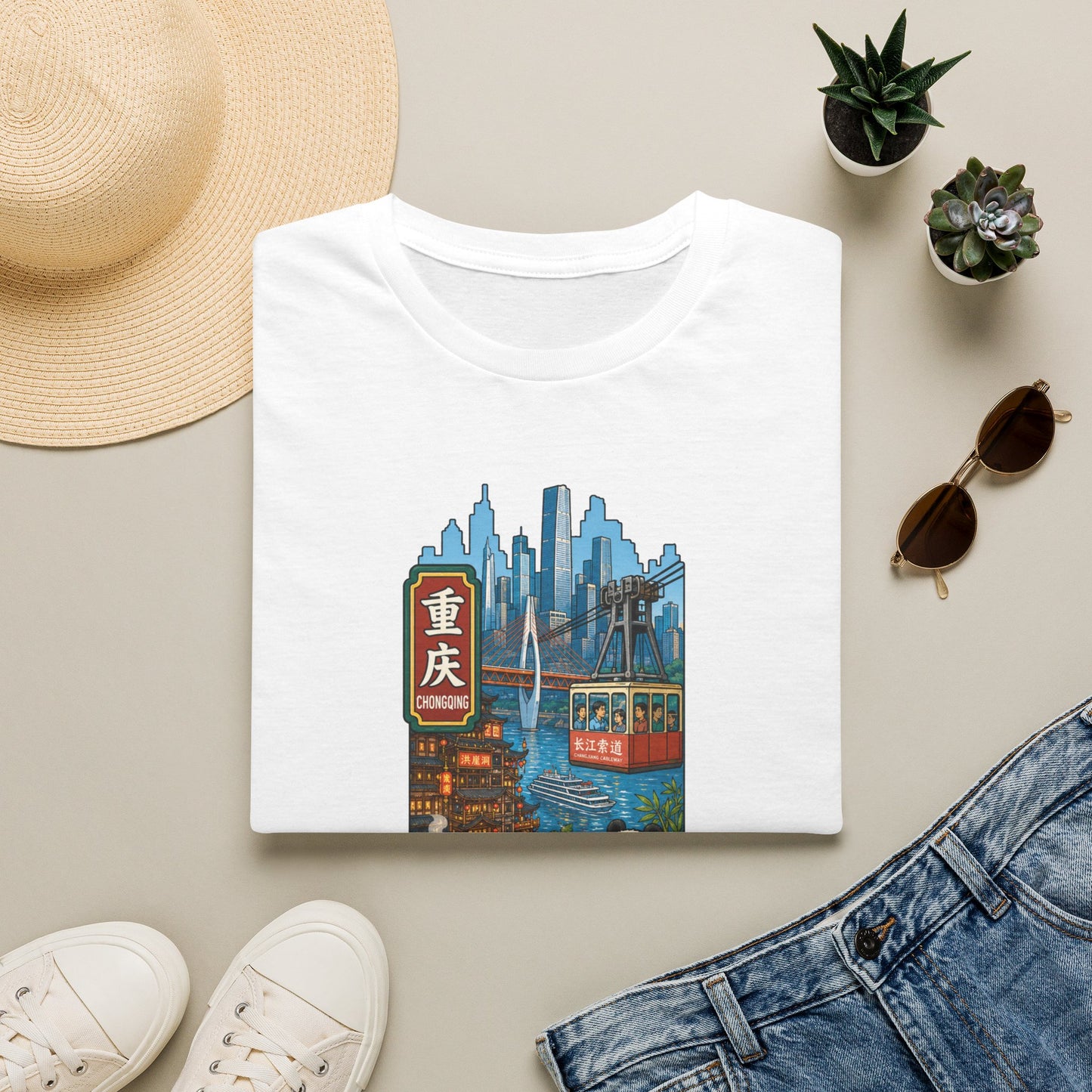 Chongqing Cityscape T-Shirt — Cable Car, Skyline & Night Market Illustration