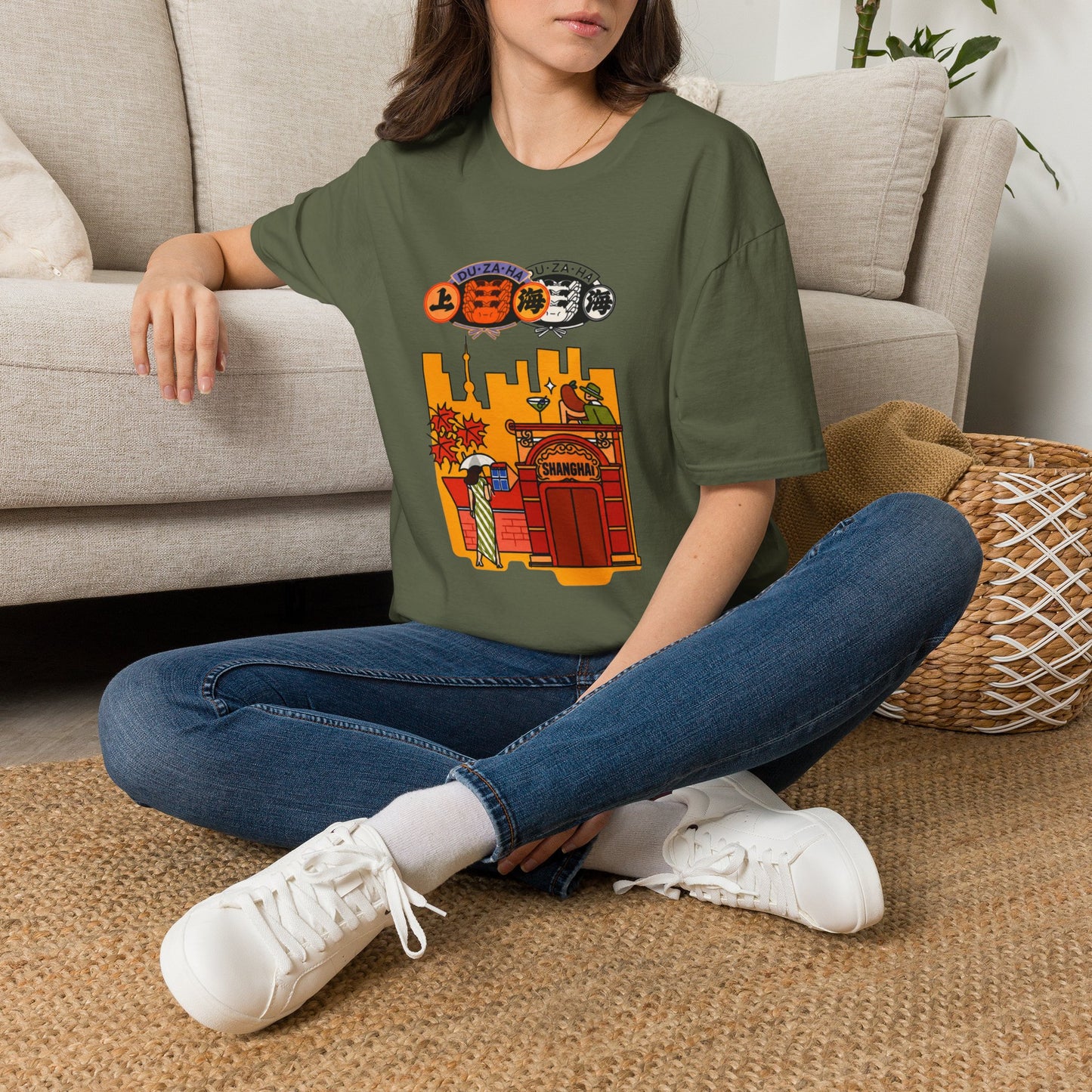 Shanghai Cityscape T-Shirt — Retro Skyline, Lanterns & Nightlife Graphic