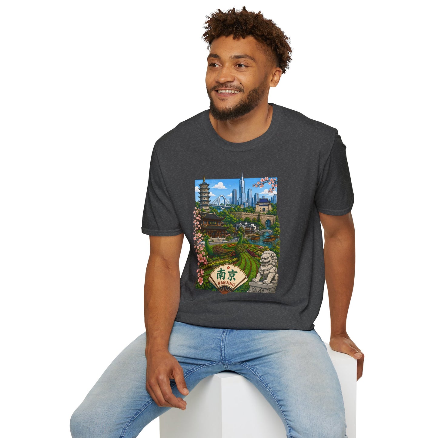 Nanjing Skyline T-Shirt — Scenic Cityscape with Pagoda & Cherry Blossoms