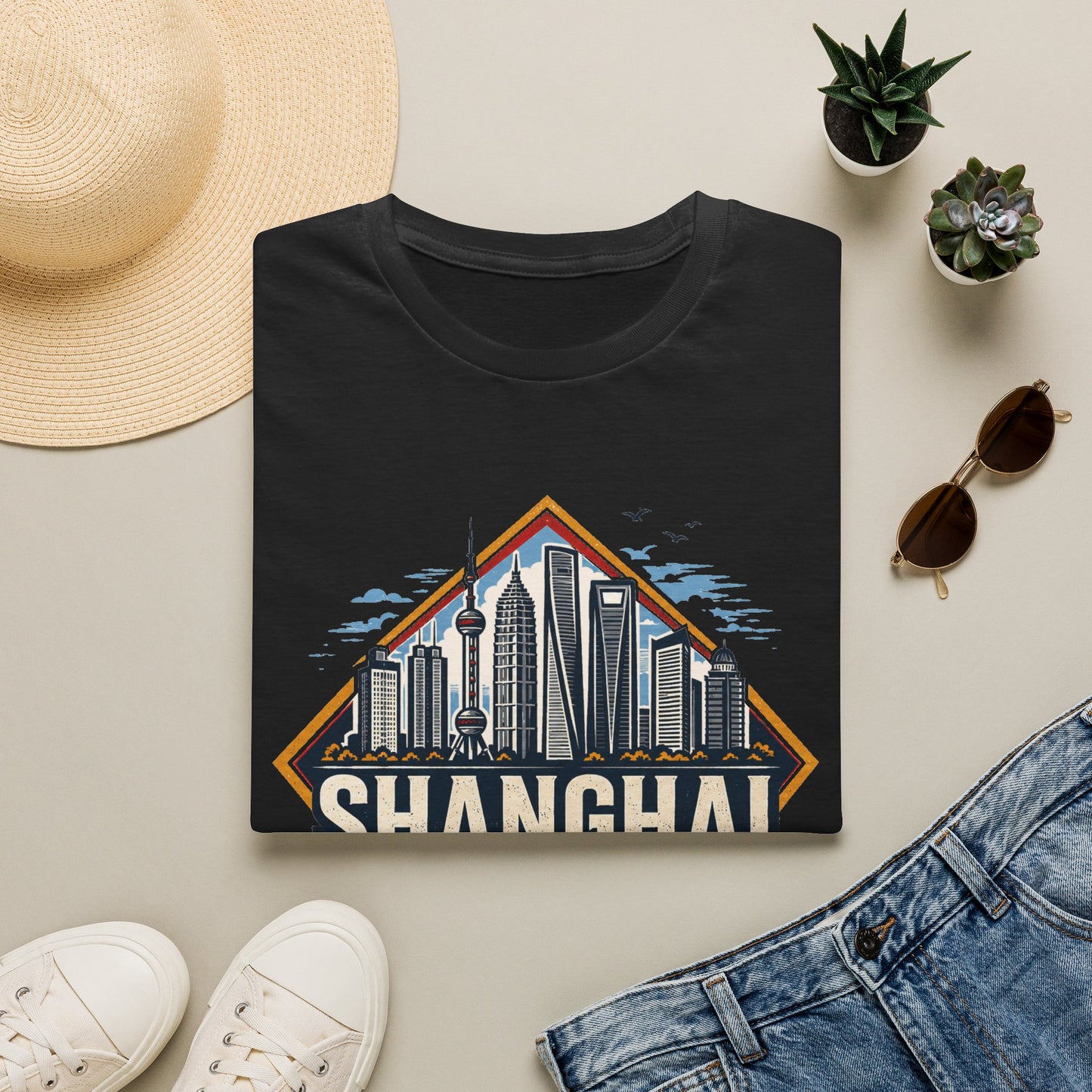Shanghai Skyline T-Shirt — Retro Cityscape China Travel Tee