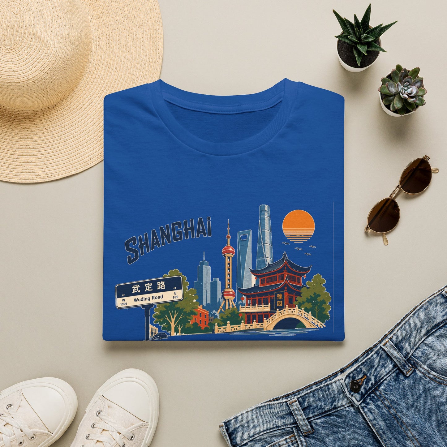 Shanghai Skyline T-Shirt — Vintage Cityscape Graphic Tee featuring Oriental Pagoda & Pudong Landmarks