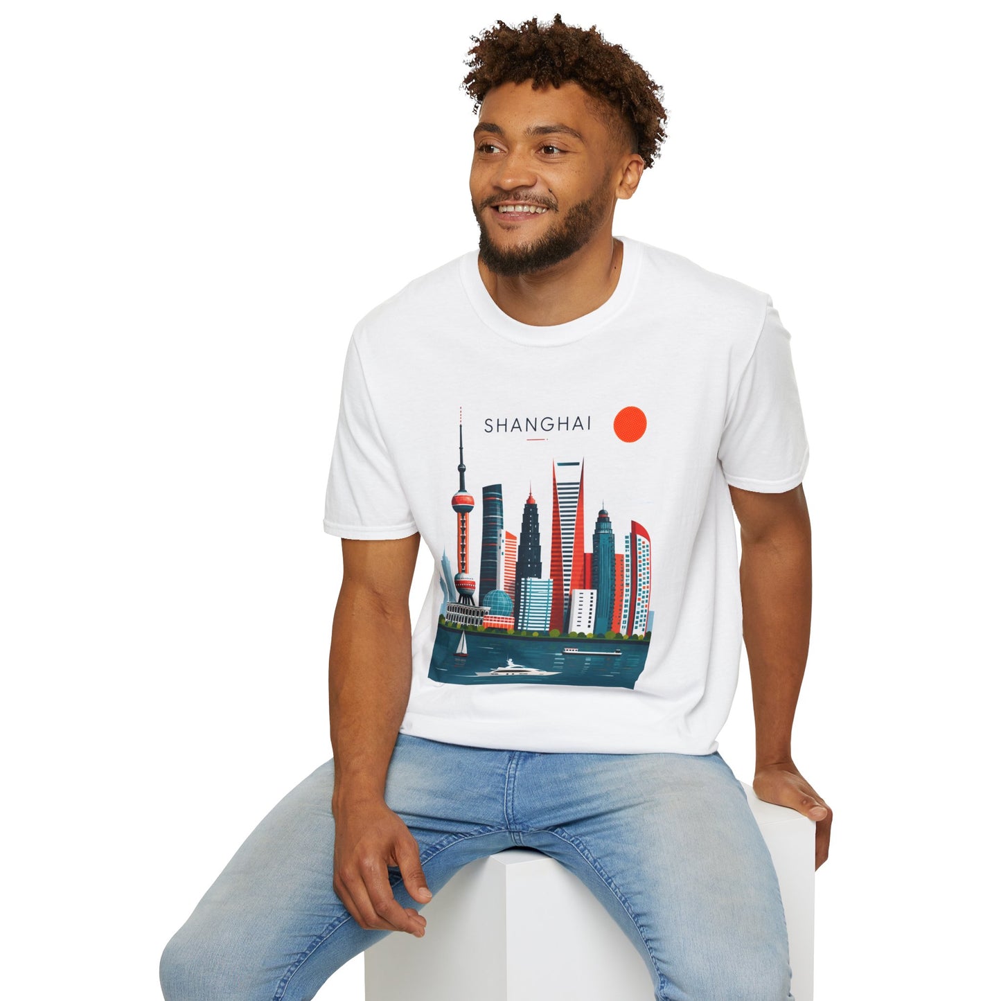 Shanghai Skyline T‑Shirt — Retro Red Sun Cityscape Tee