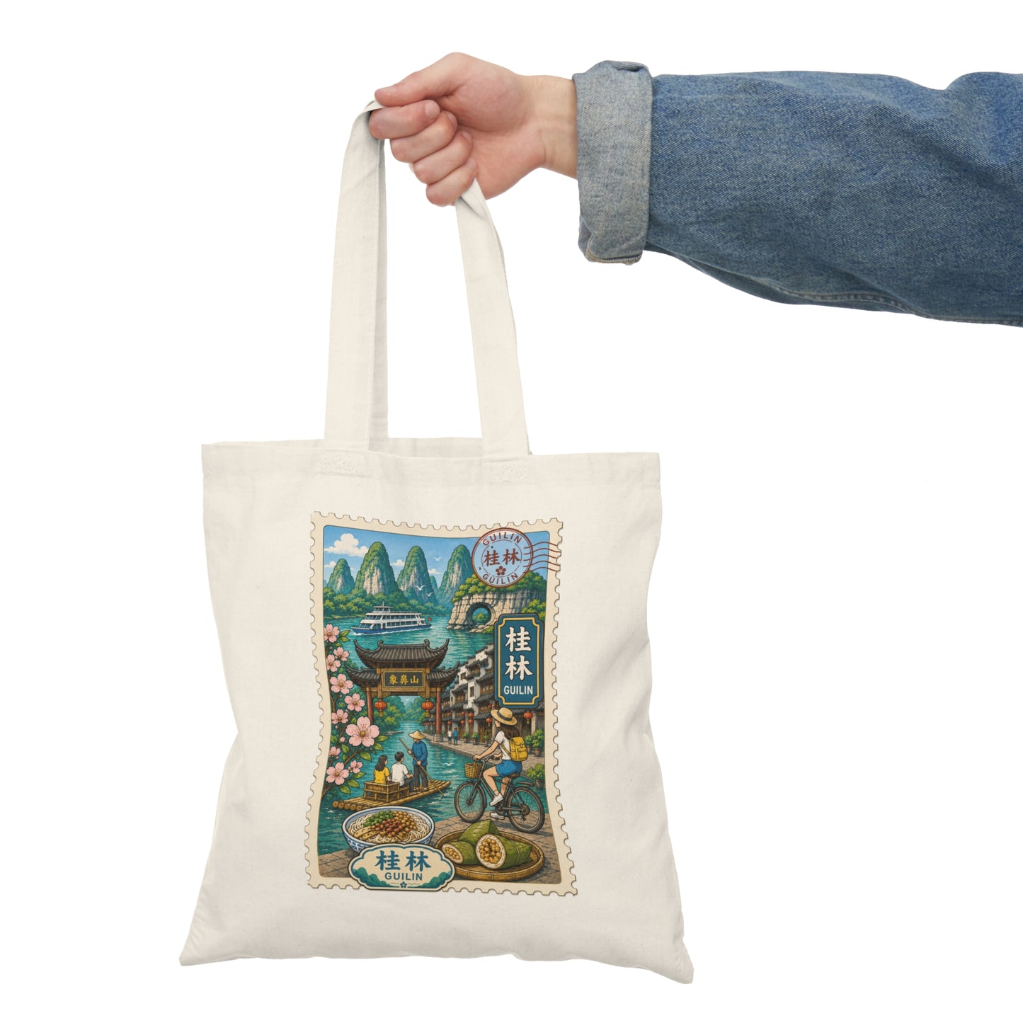 Guilin Travel Stamp Tote Bag — Scenic Chinese Landscape Canvas Tote