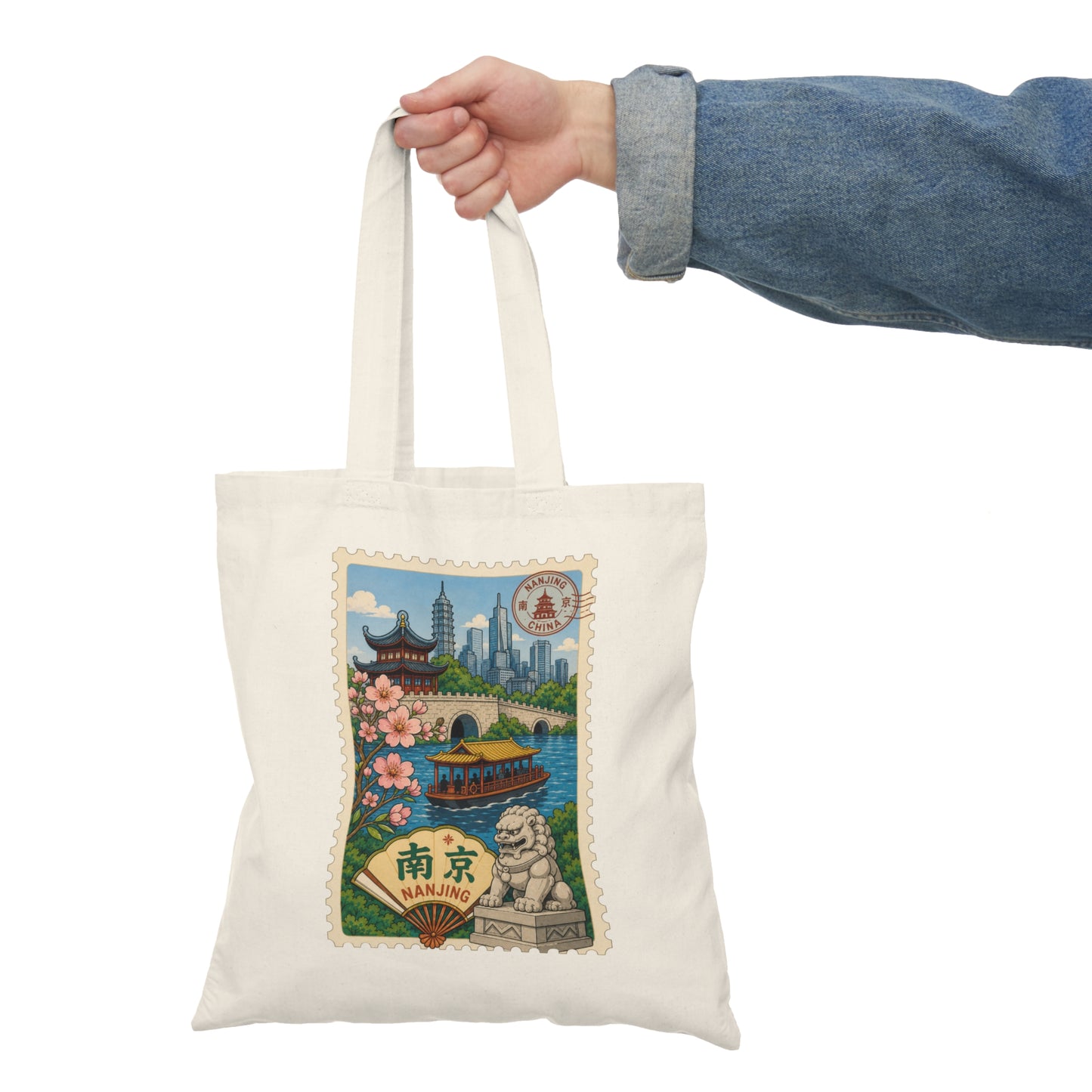 Nanjing Travel Stamp Tote Bag — Scenic Cherry Blossom River Market Bag