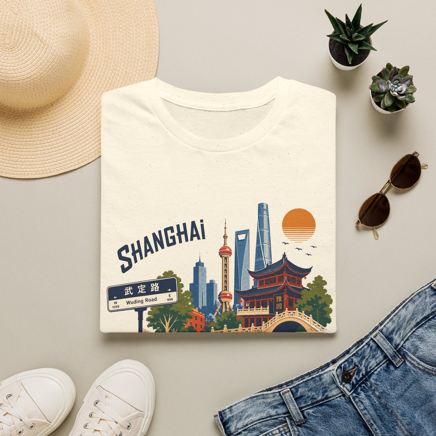 Shanghai Skyline T-Shirt — Vintage Cityscape Tee with Oriental Temple & Pudong Landmarks