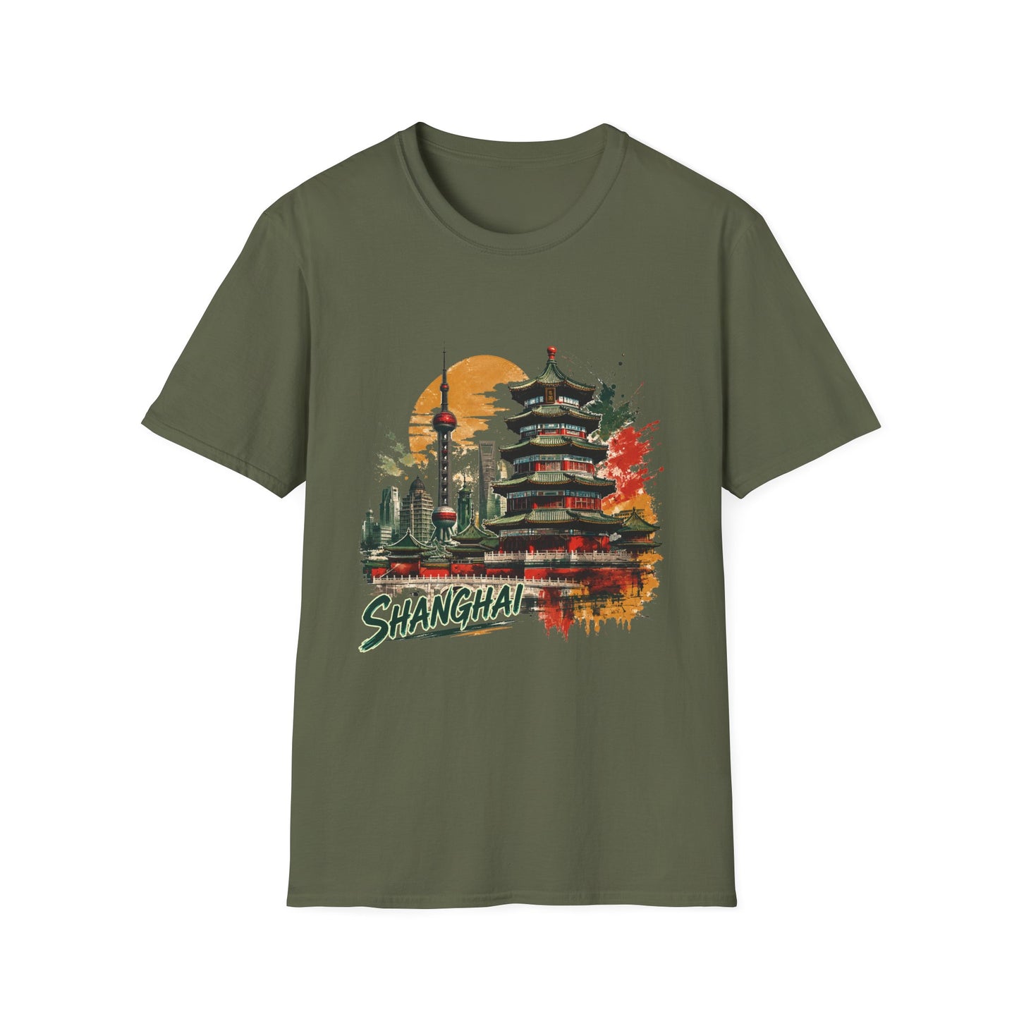 Shanghai skyline T-Shirt — Watercolor Pagoda & Oriental Sunset Tee