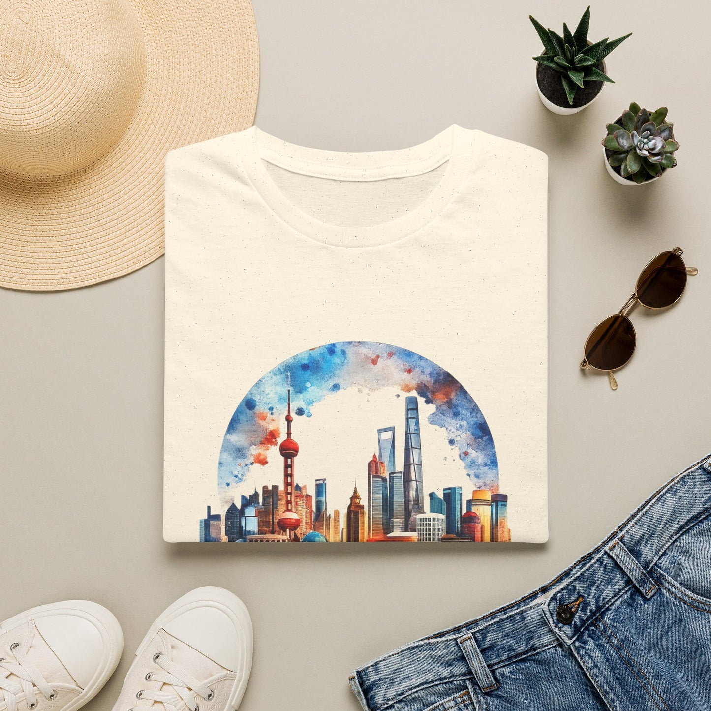 City Skyline T-Shirt — Watercolor Shanghai Landscape Tee