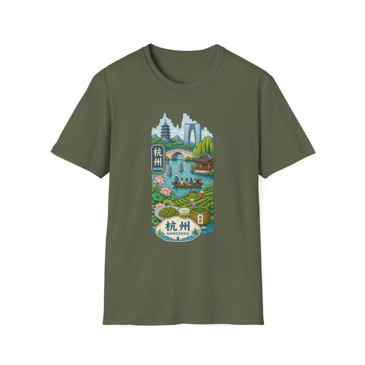 Hangzhou Scenic T-Shirt — West Lake Pagoda & Bridge Illustration