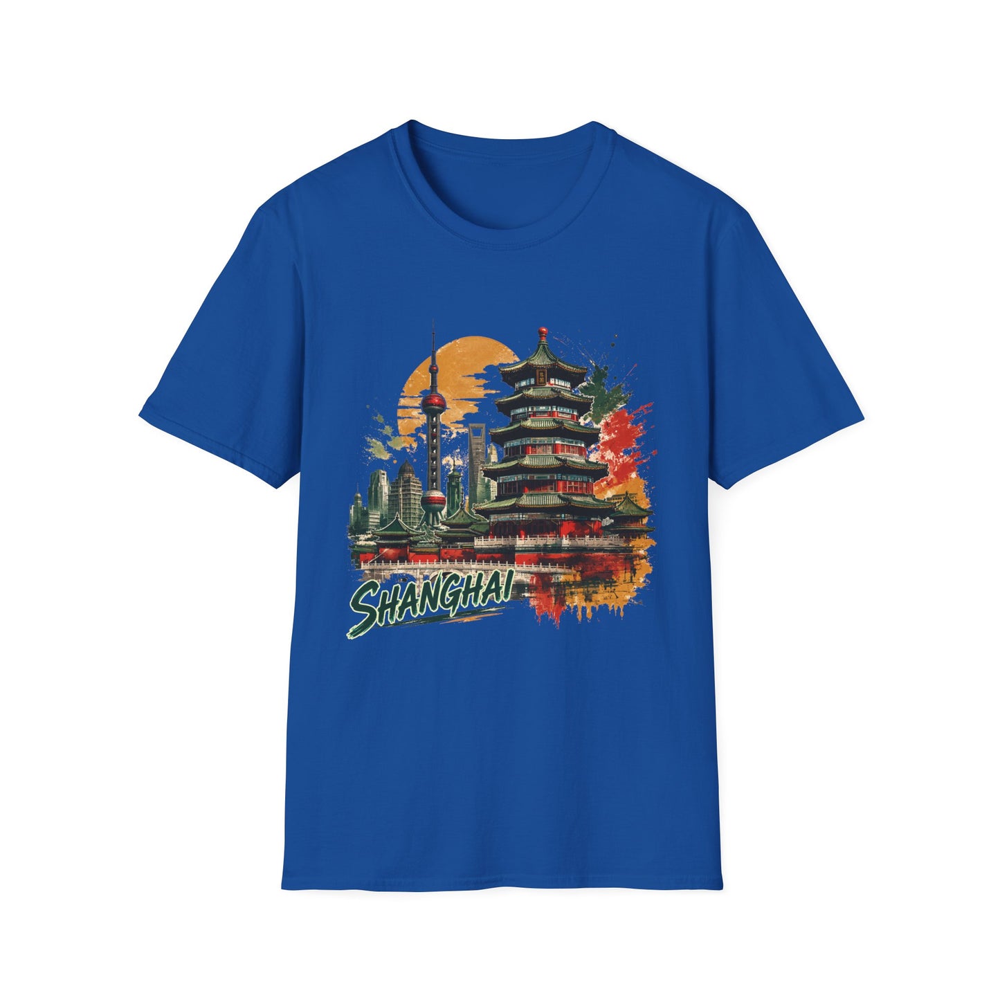 Shanghai Skyline T-Shirt — Watercolor Pagoda & Oriental Sunset Graphic
