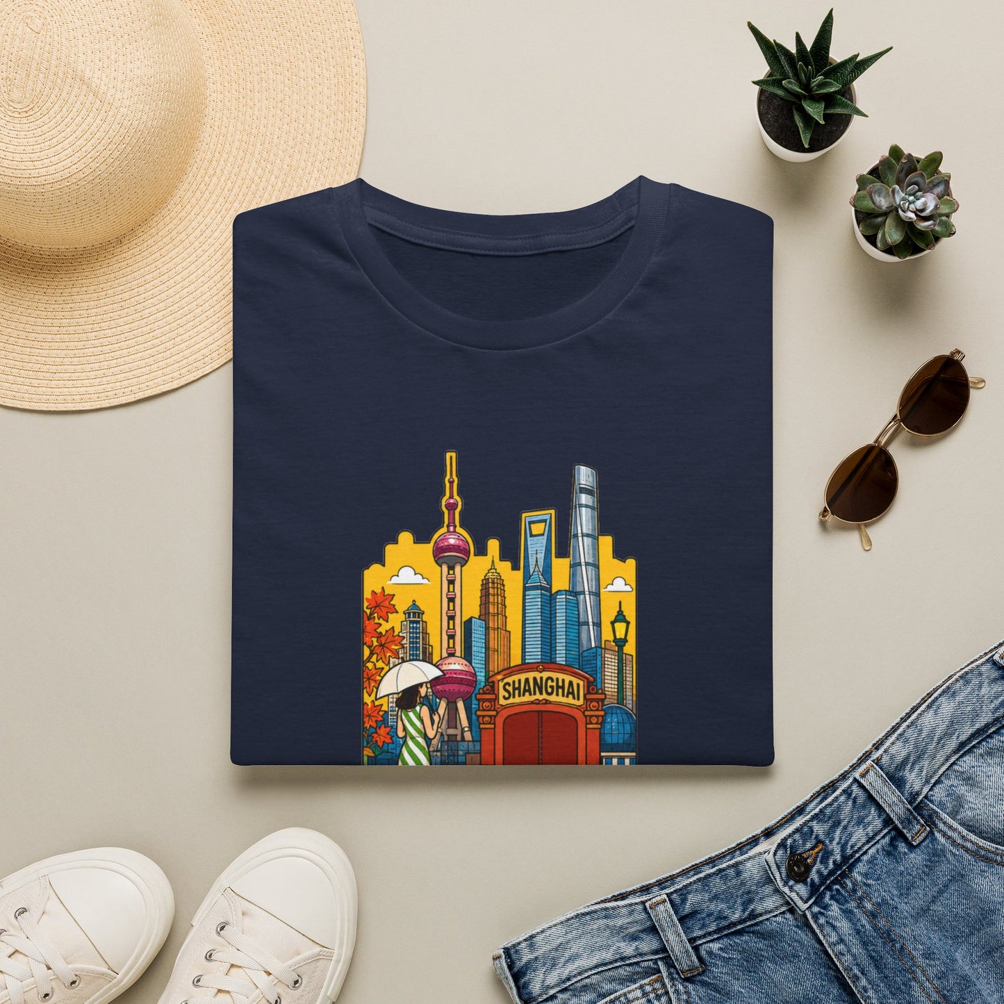 Shanghai Skyline T-Shirt — Vintage Cityscape with Chinese Characters