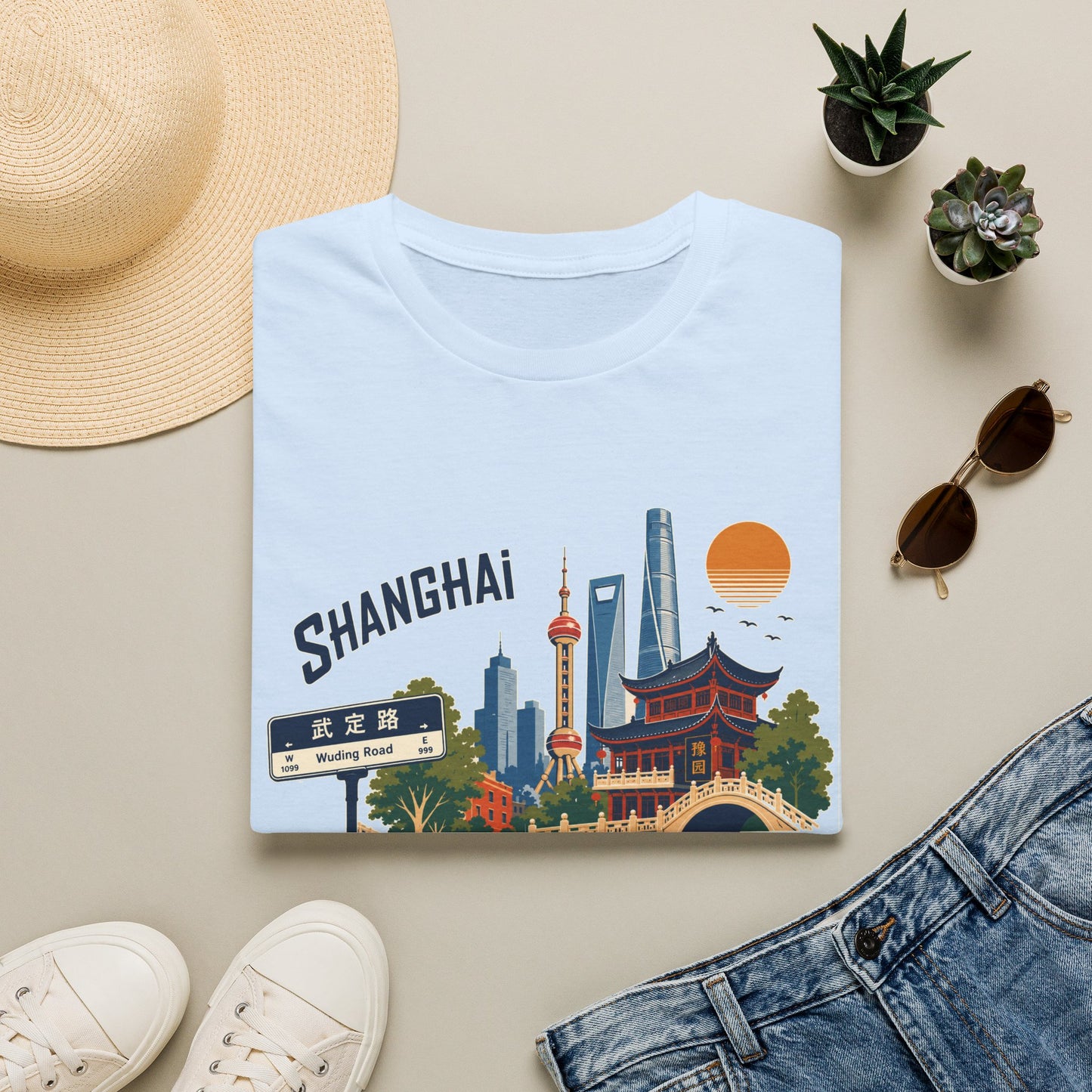 Shanghai Skyline T-Shirt — Vintage Cityscape Tee with Oriental Temple & Pudong Landmarks