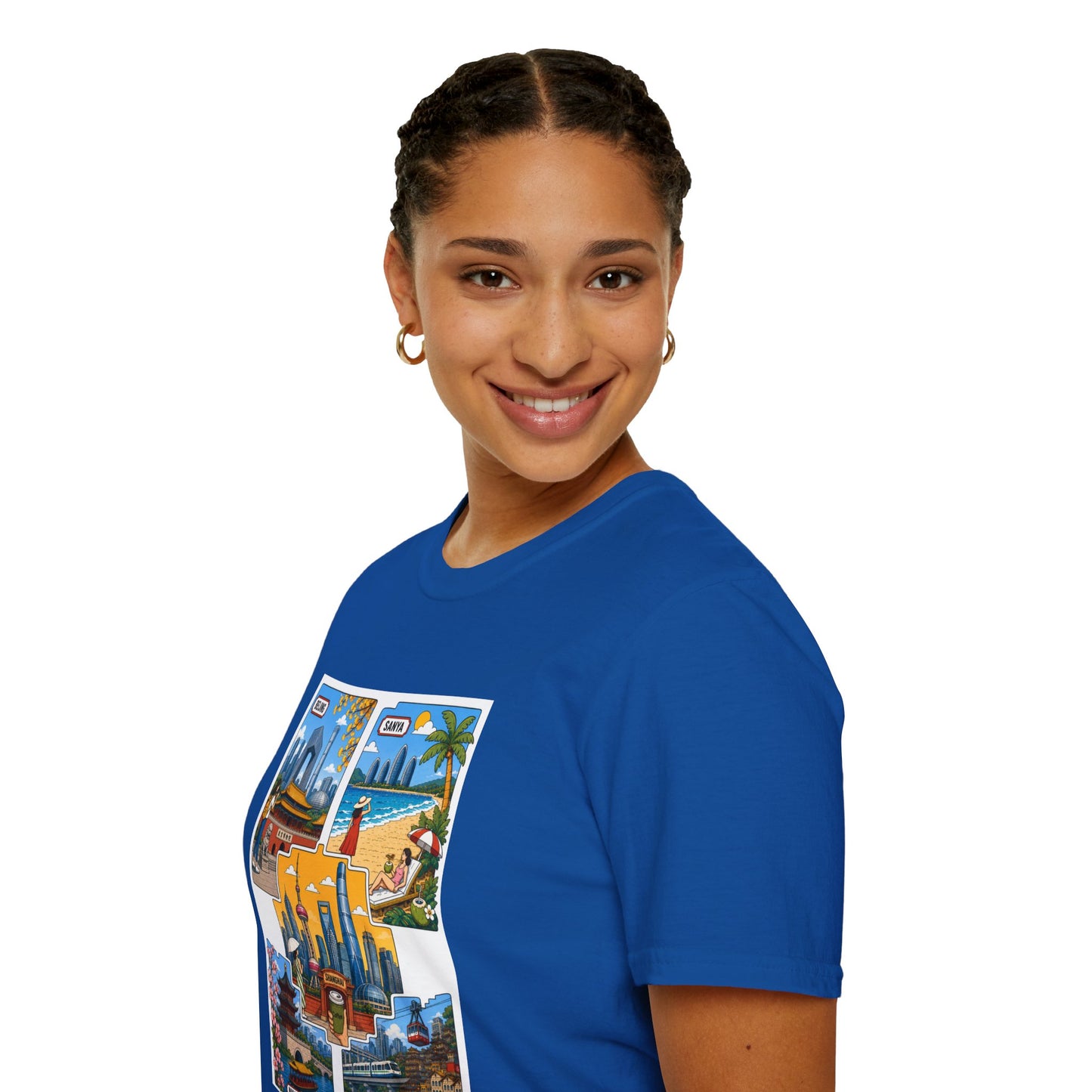 Cityscape Postcard T-Shirt — Retro Travel Collage (Beijing, Santa, Coastal Scenes)