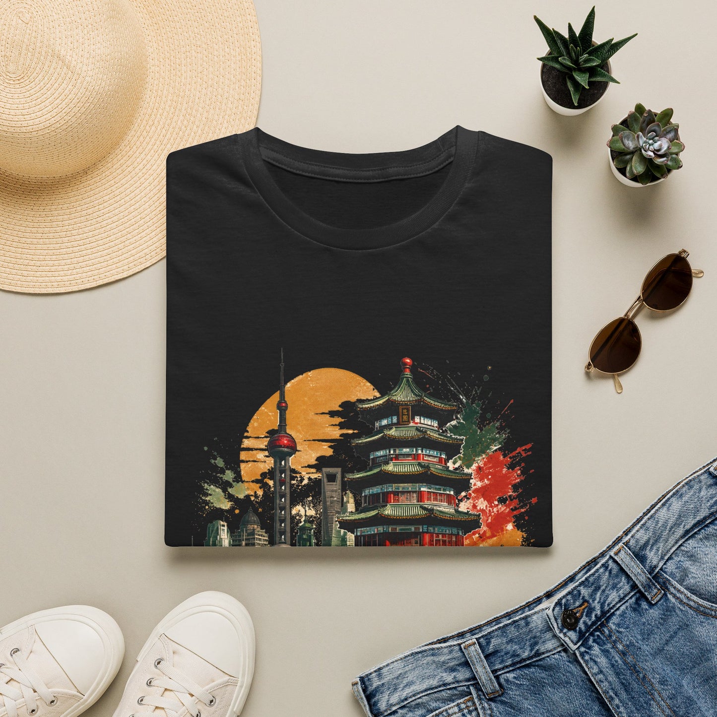 Shanghai skyline T-Shirt — Watercolor Pagoda & Oriental Sunset Tee