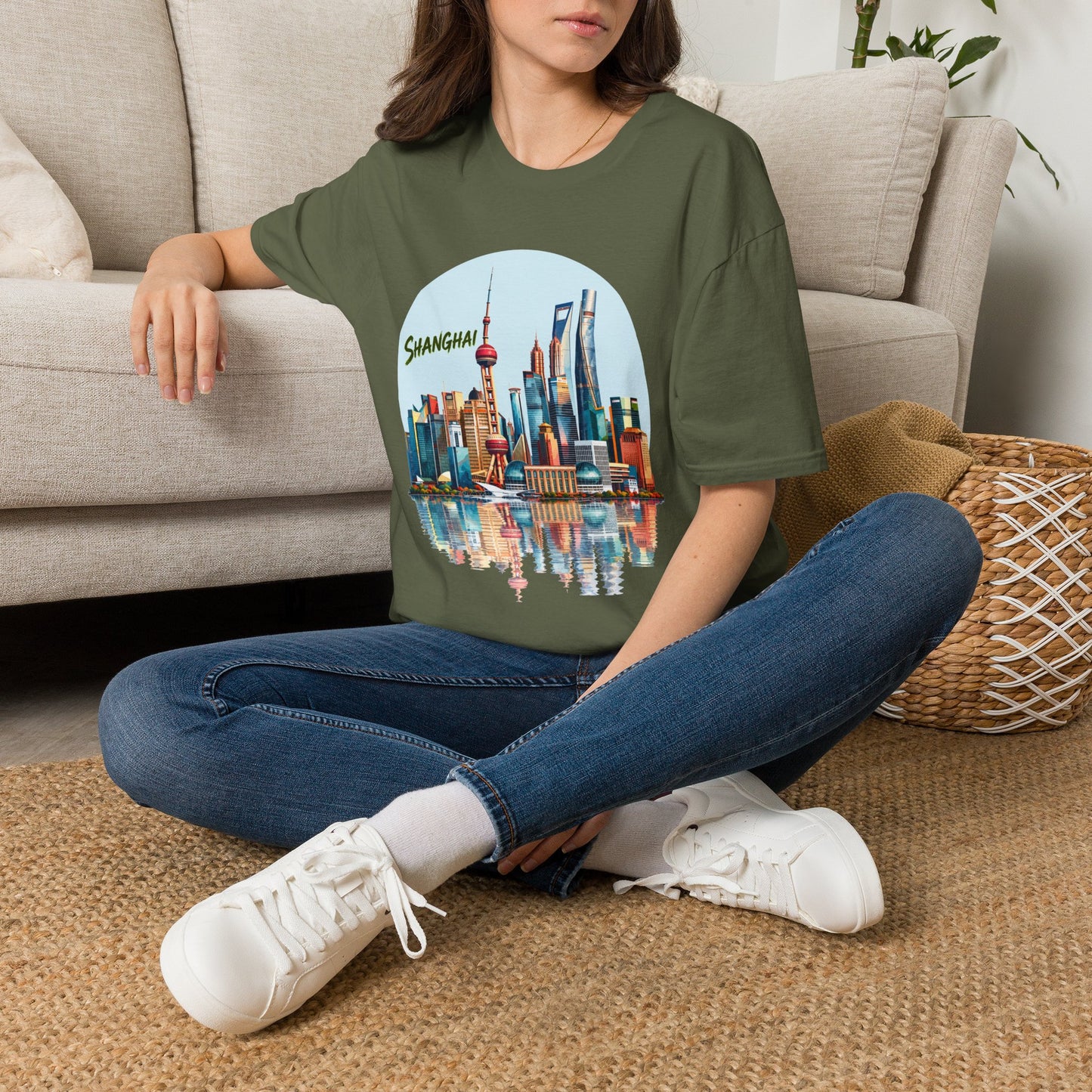 Shanghai Skyline T-Shirt — Retro Cityscape Tee with Reflection