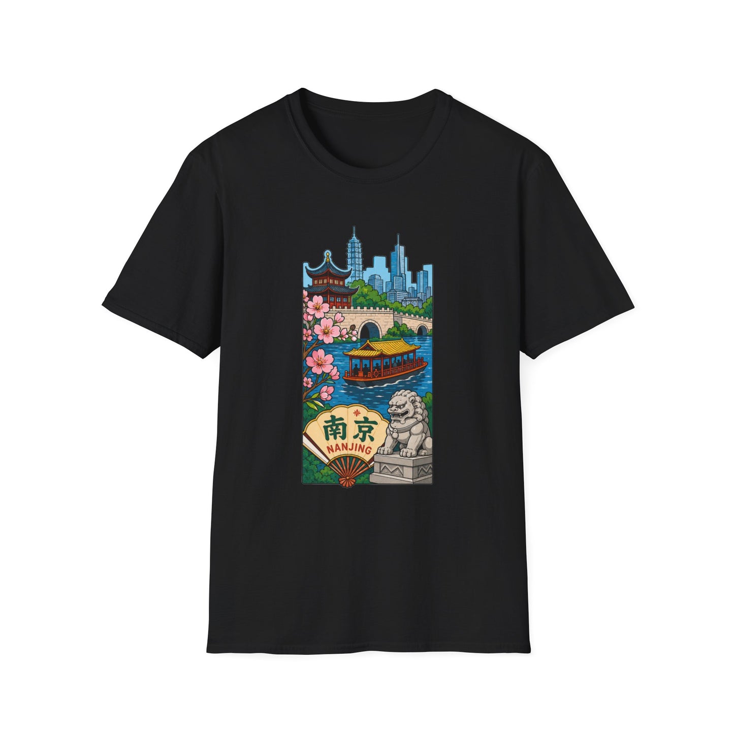 Nanjing Cityscape T-Shirt — Cherry Blossoms, Pagoda & Skyline Travel Shirt