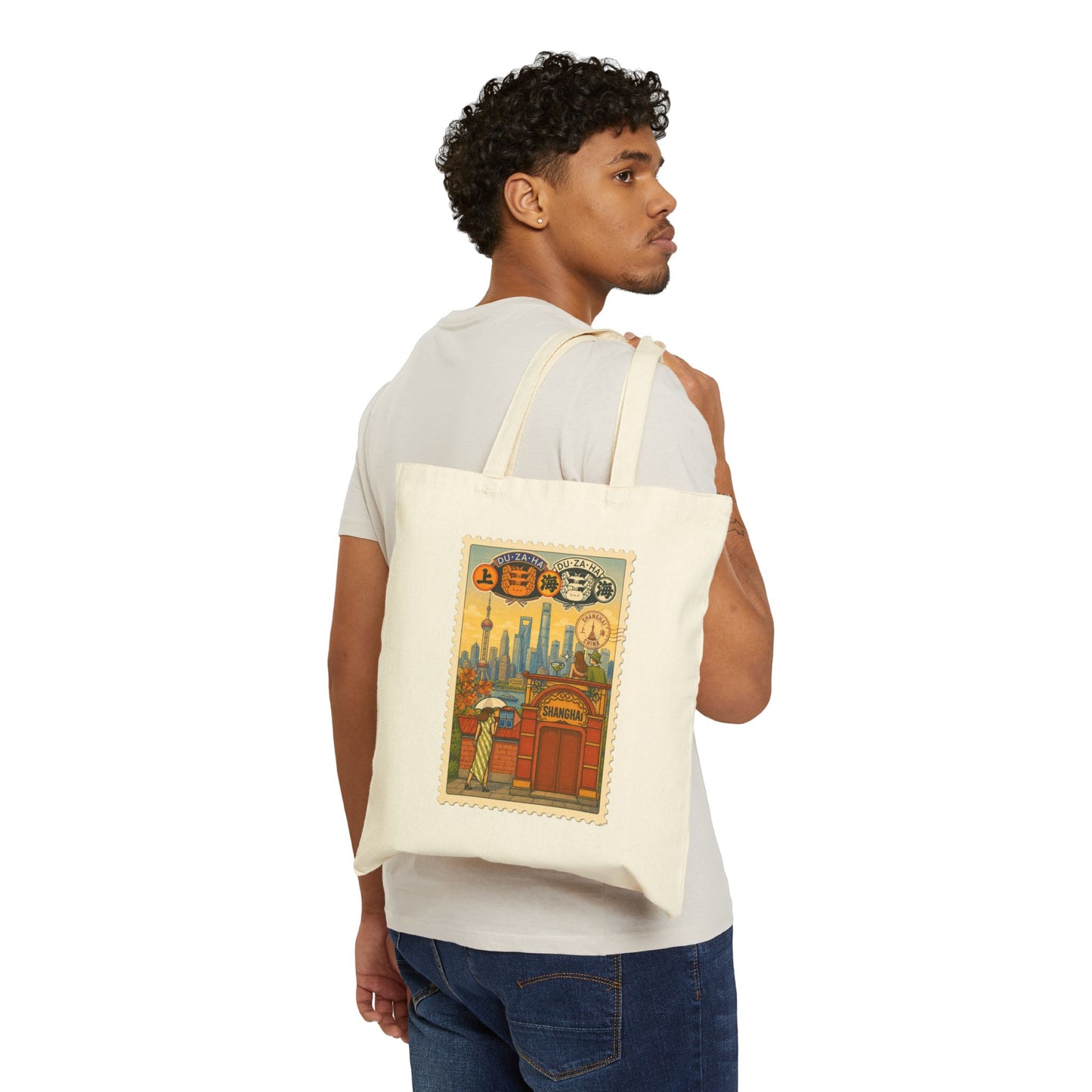 Vintage Shanghai Skyline Canvas Tote — Oriental Travel Poster Bag