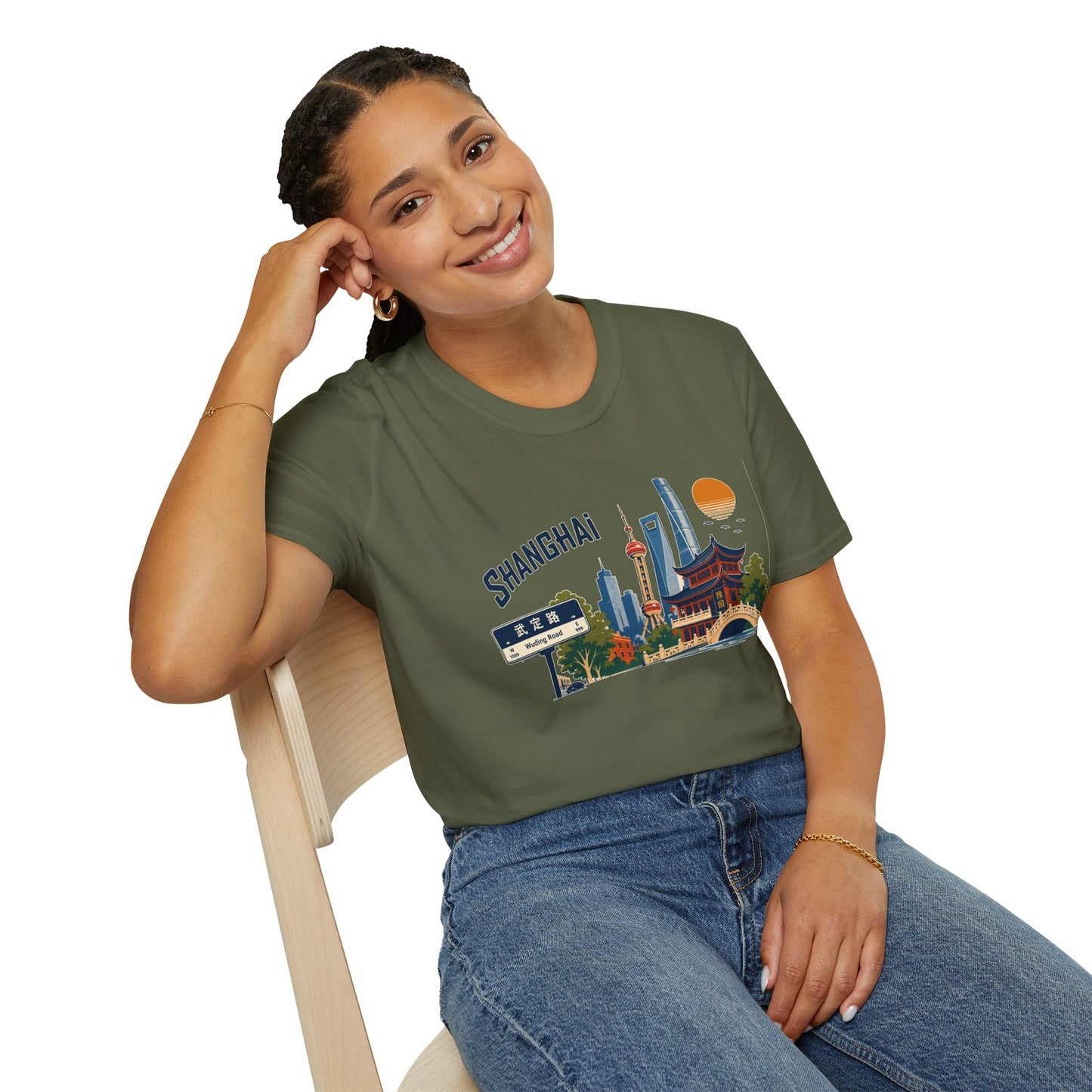 Shanghai Skyline T-Shirt — Vintage Cityscape Tee with Oriental Temple & Pudong Landmarks