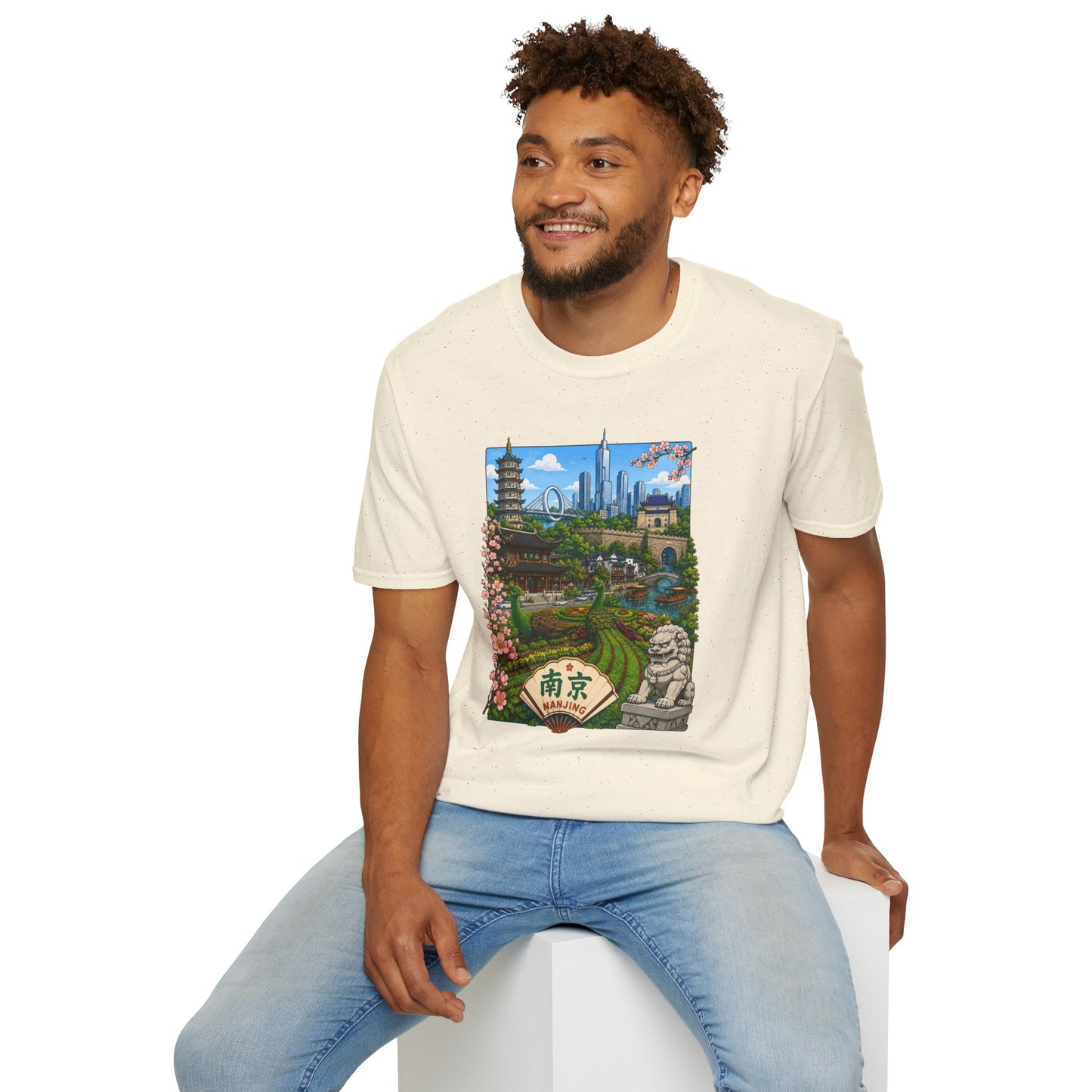 Nanjing Skyline T-Shirt — Scenic Cityscape with Pagoda & Cherry Blossoms