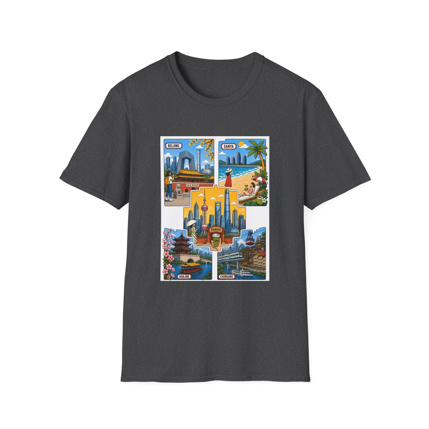 Cityscape Postcard T-Shirt — Retro Travel Collage (Beijing, Santa, Coastal Scenes)