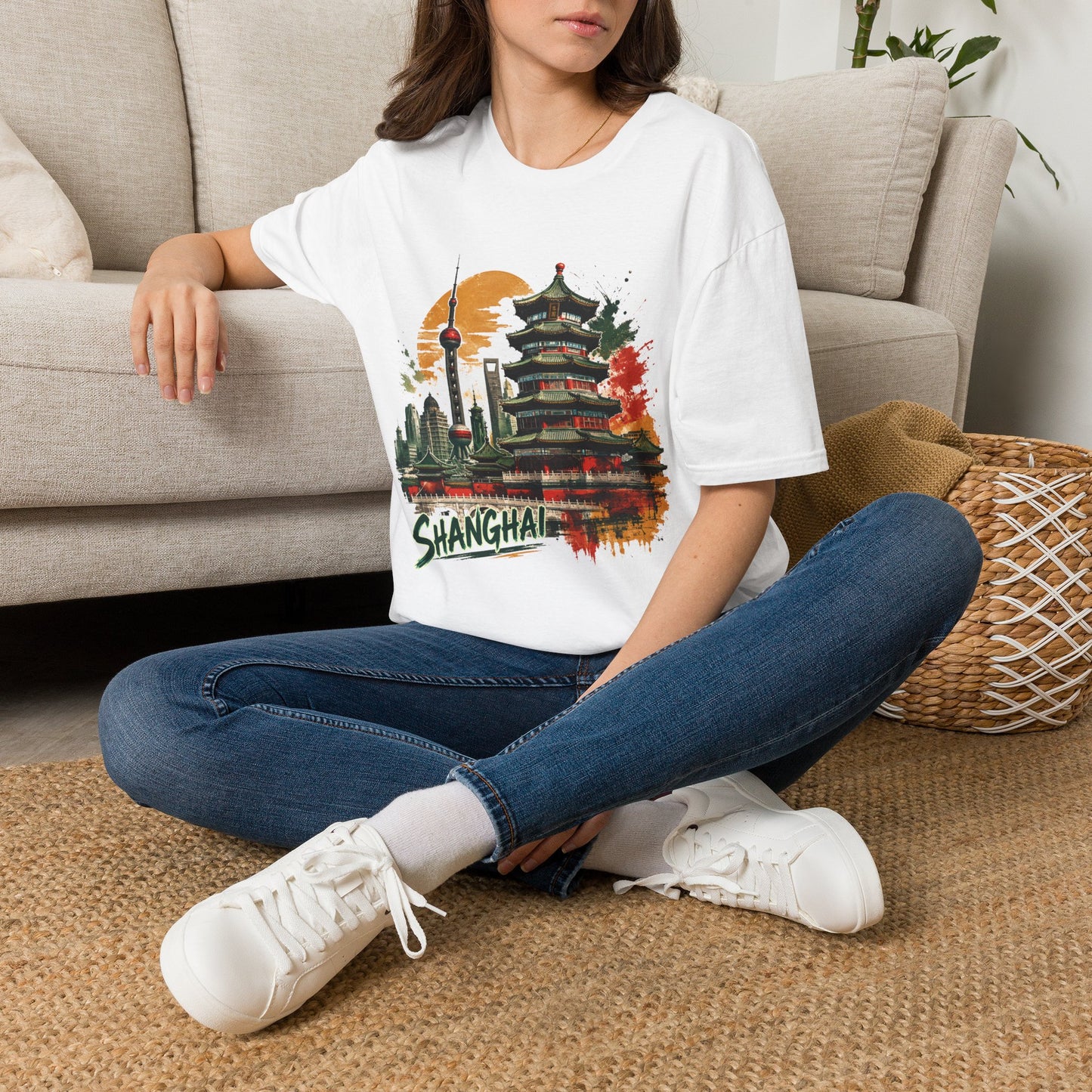 Shanghai Skyline T-Shirt — Watercolor Pagoda & Oriental Sunset Graphic