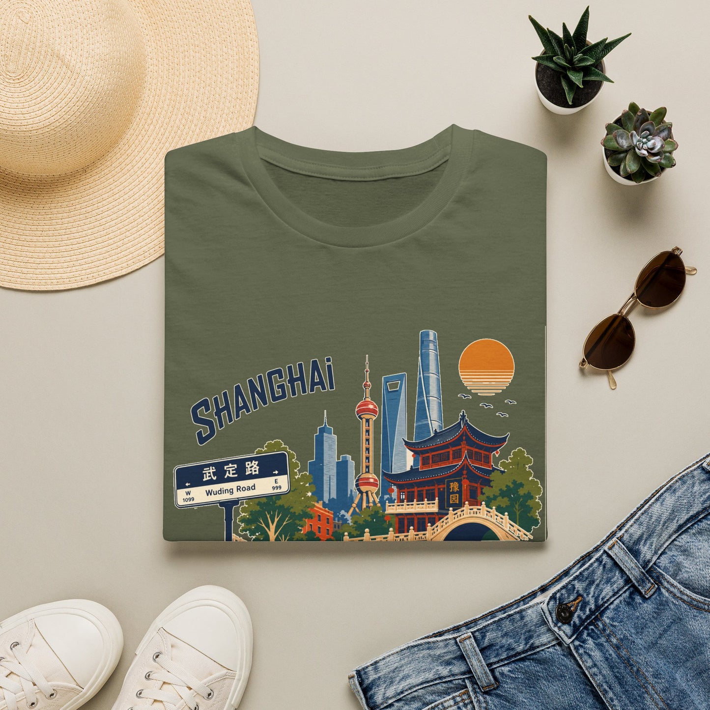 Shanghai Skyline T-Shirt — Vintage Cityscape Tee with Oriental Temple & Pudong Landmarks