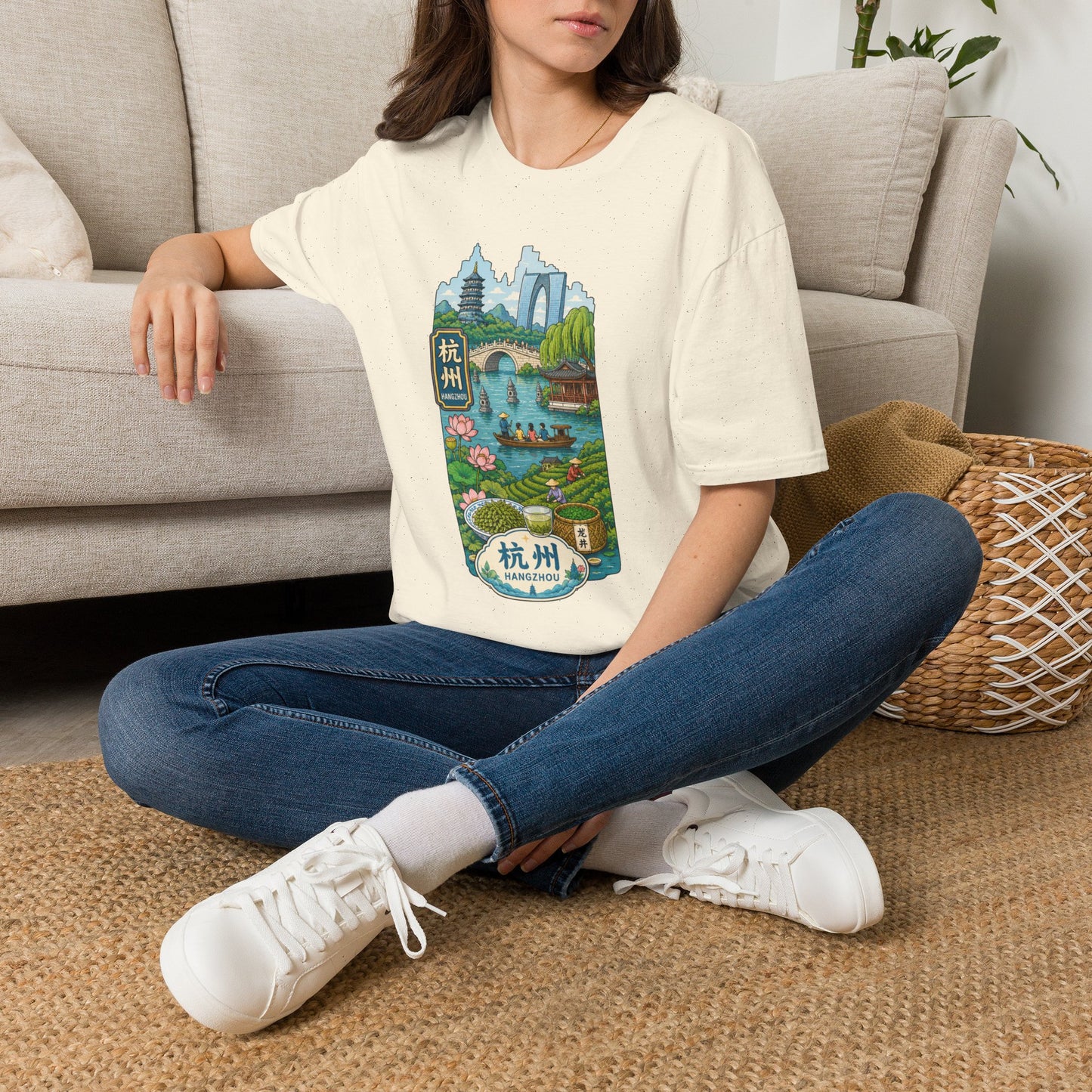 Hangzhou Scenic T-Shirt — West Lake Pagoda & Bridge Illustration
